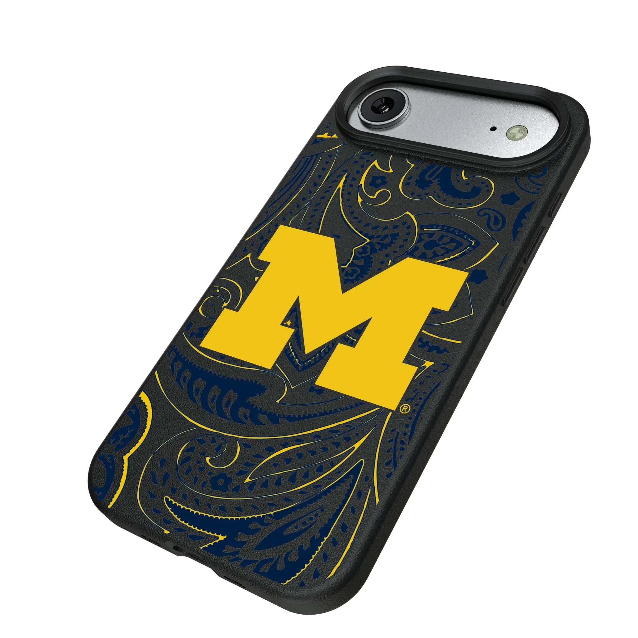 University of Michigan Wolverines Paisley iPhone MagSafe Compatible Phone Case for Apple iPhone - Isometric View#Device_iPhone Air