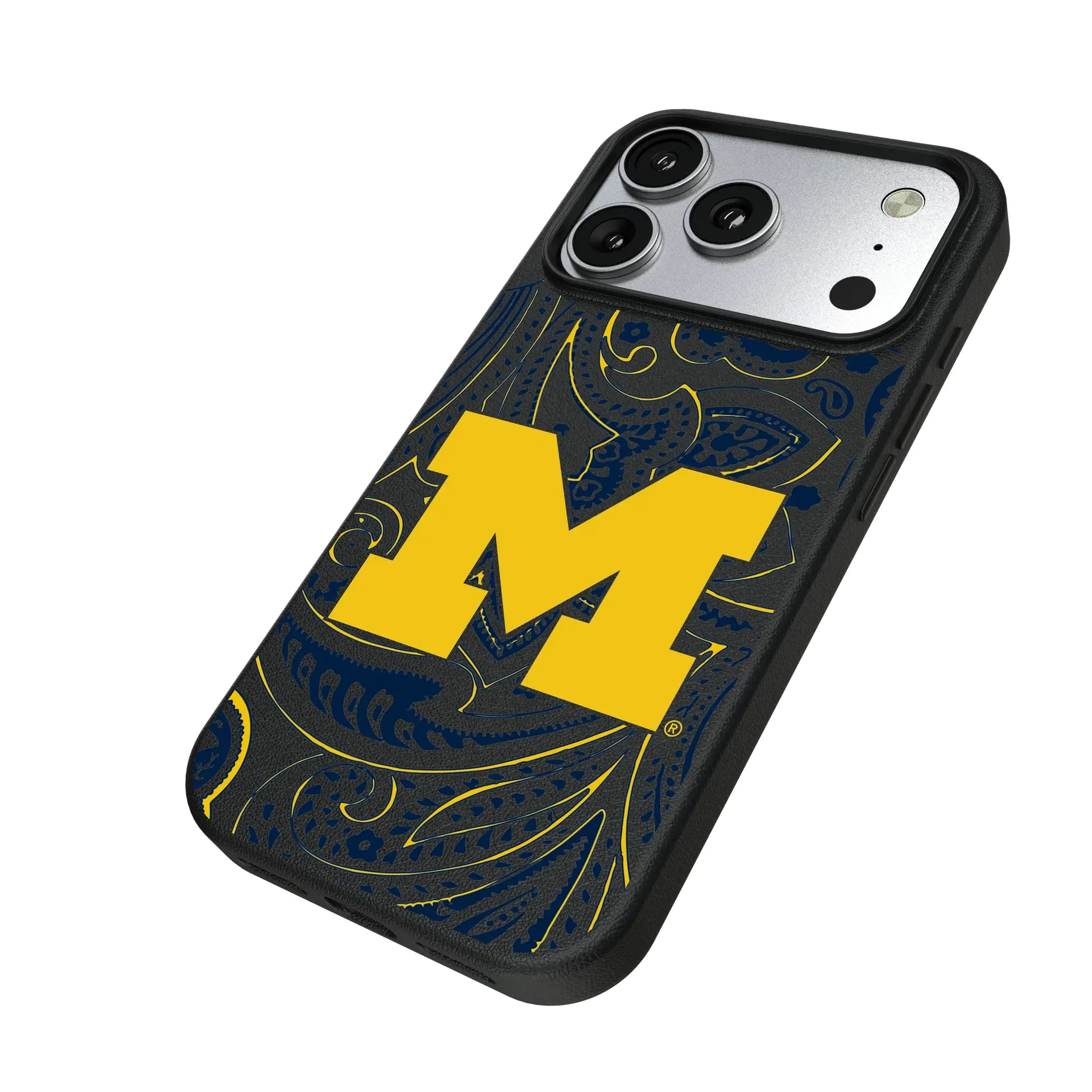 University of Michigan Wolverines Paisley iPhone MagSafe Compatible Phone Case for Apple iPhone - Isometric View#Device_iPhone 17 Pro