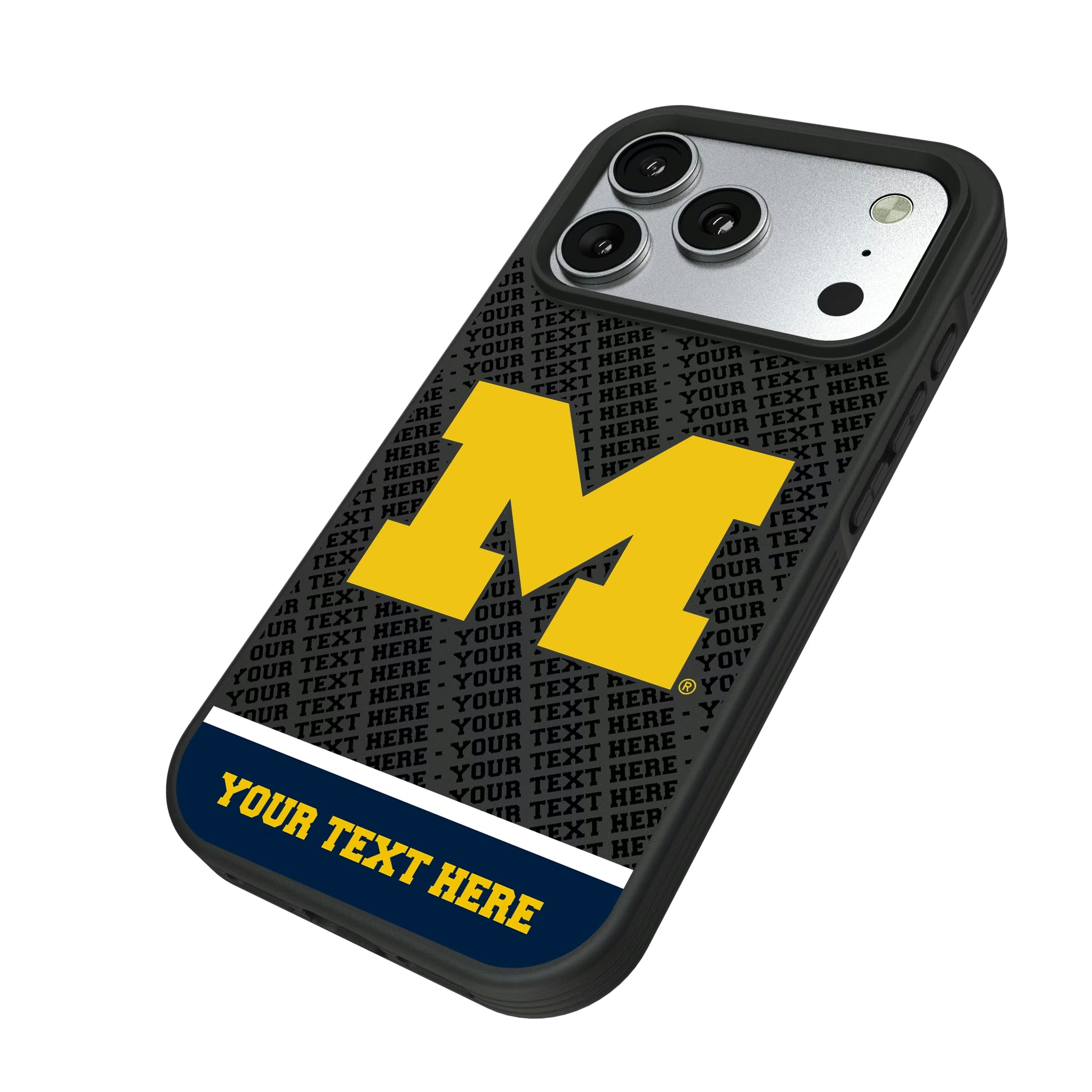 University of Michigan Wolverines Personalized EndZone Plus iPhone Bump Phone Case for Apple iPhone - Isometric View#Device_iPhone 17 Pro