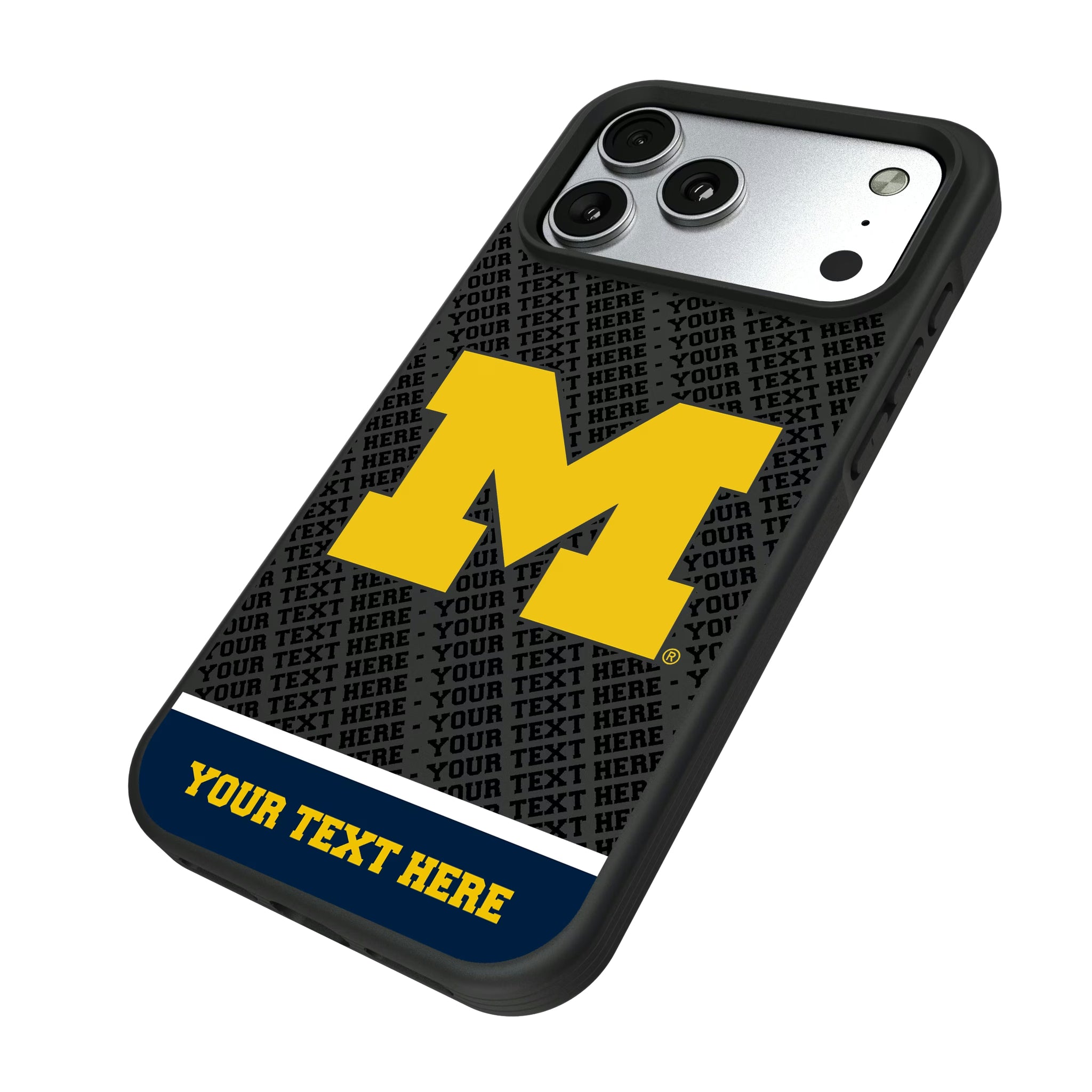 University of Michigan Wolverines Personalized EndZone Plus iPhone Bump Phone Case for Apple iPhone - Isometric View#Device_iPhone 17 Pro Max