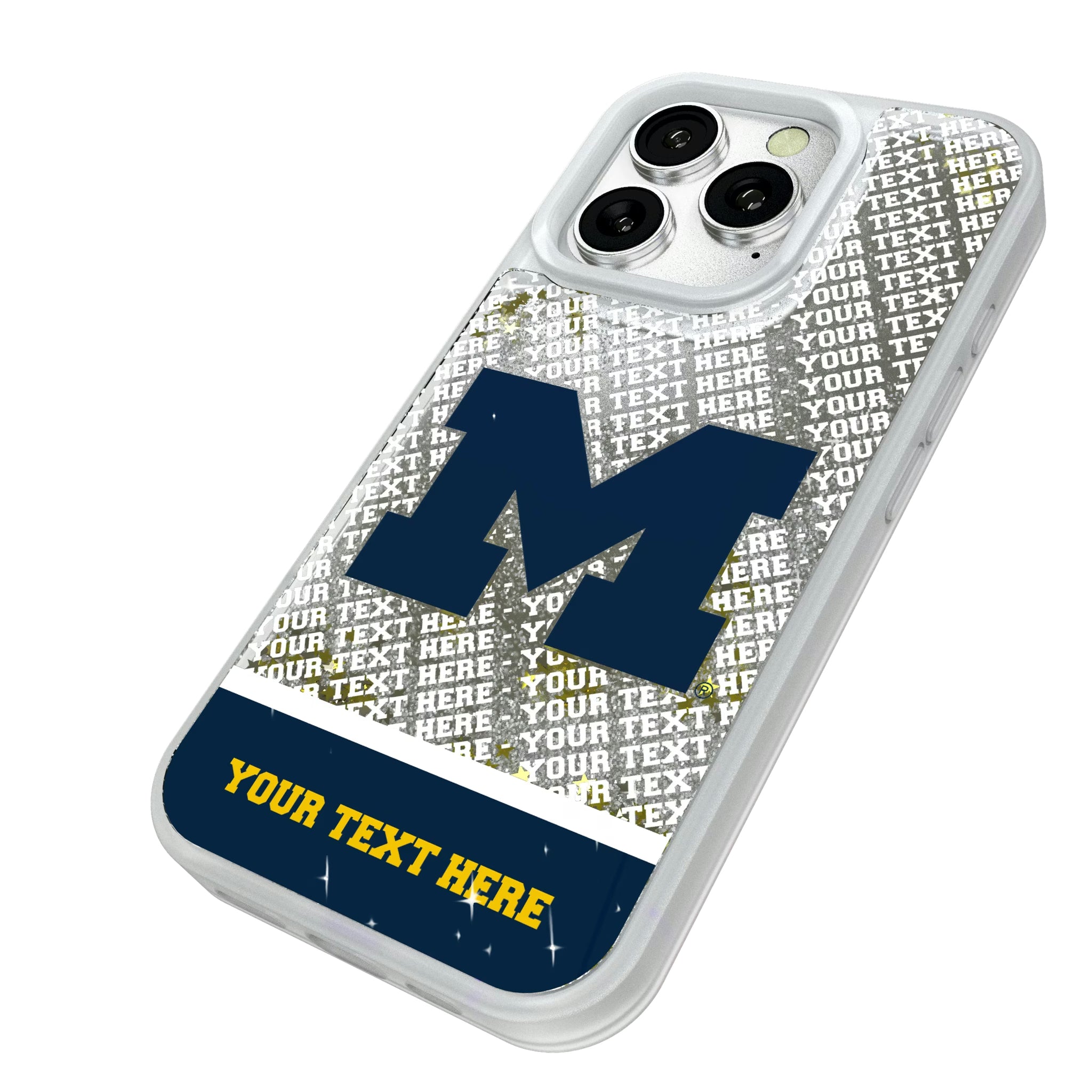 University of Michigan Wolverines Personalized EndZone Plus iPhone Glitter Phone Case for Apple iPhone - Isometric View#Device_iPhone 16 Pro
