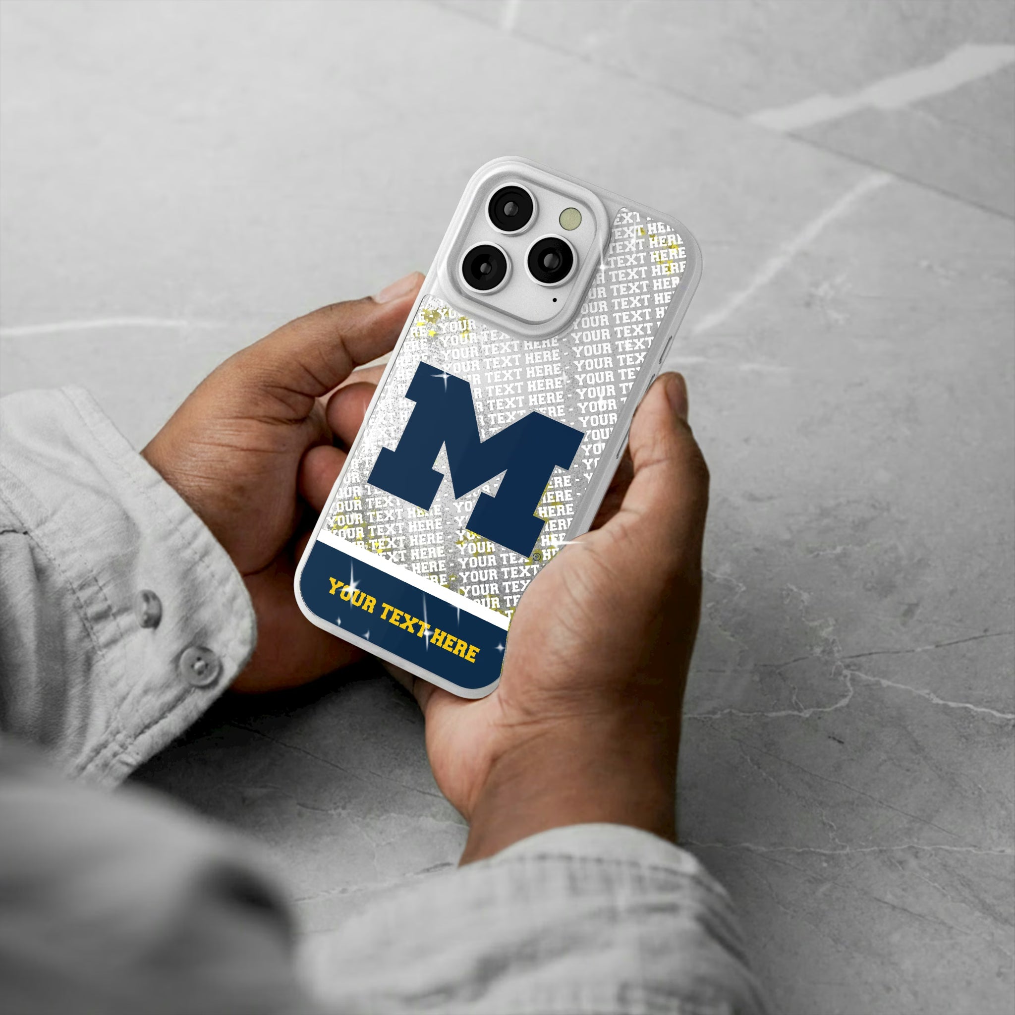 University of Michigan Wolverines Personalized EndZone Plus iPhone Glitter Phone Case for Apple iPhone - Lifestyle#Device_iPhone 16 Pro