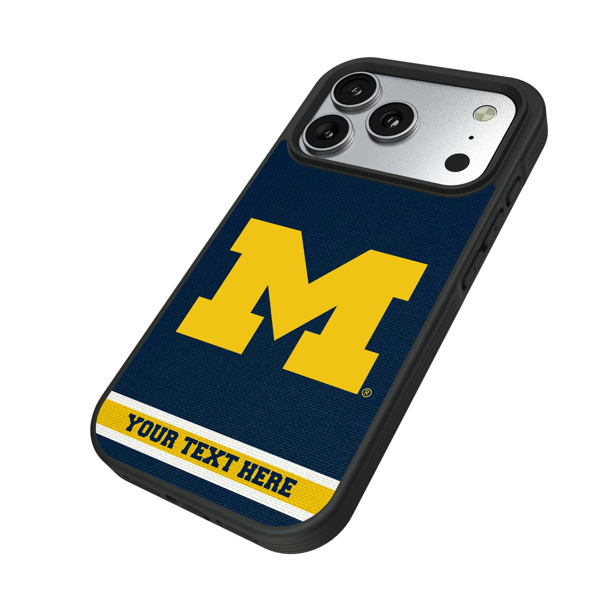 University of Michigan Wolverines Personalized Stripe iPhone Bump Phone Case for Apple iPhone - Isometric View#Device_iPhone 17 Pro