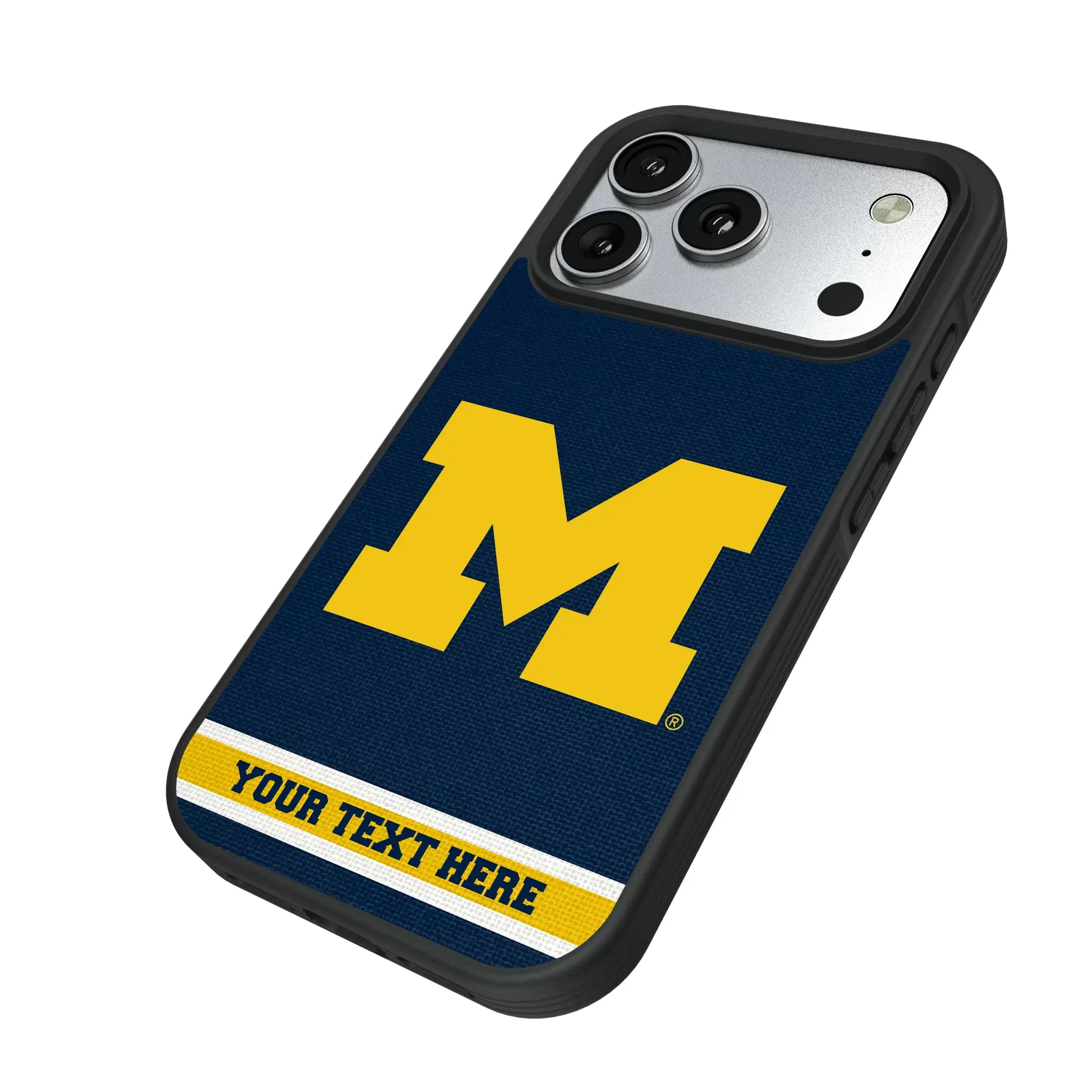 University of Michigan Wolverines Personalized Stripe iPhone Bump Phone Case for Apple iPhone - Isometric View#Device_iPhone 17 Pro