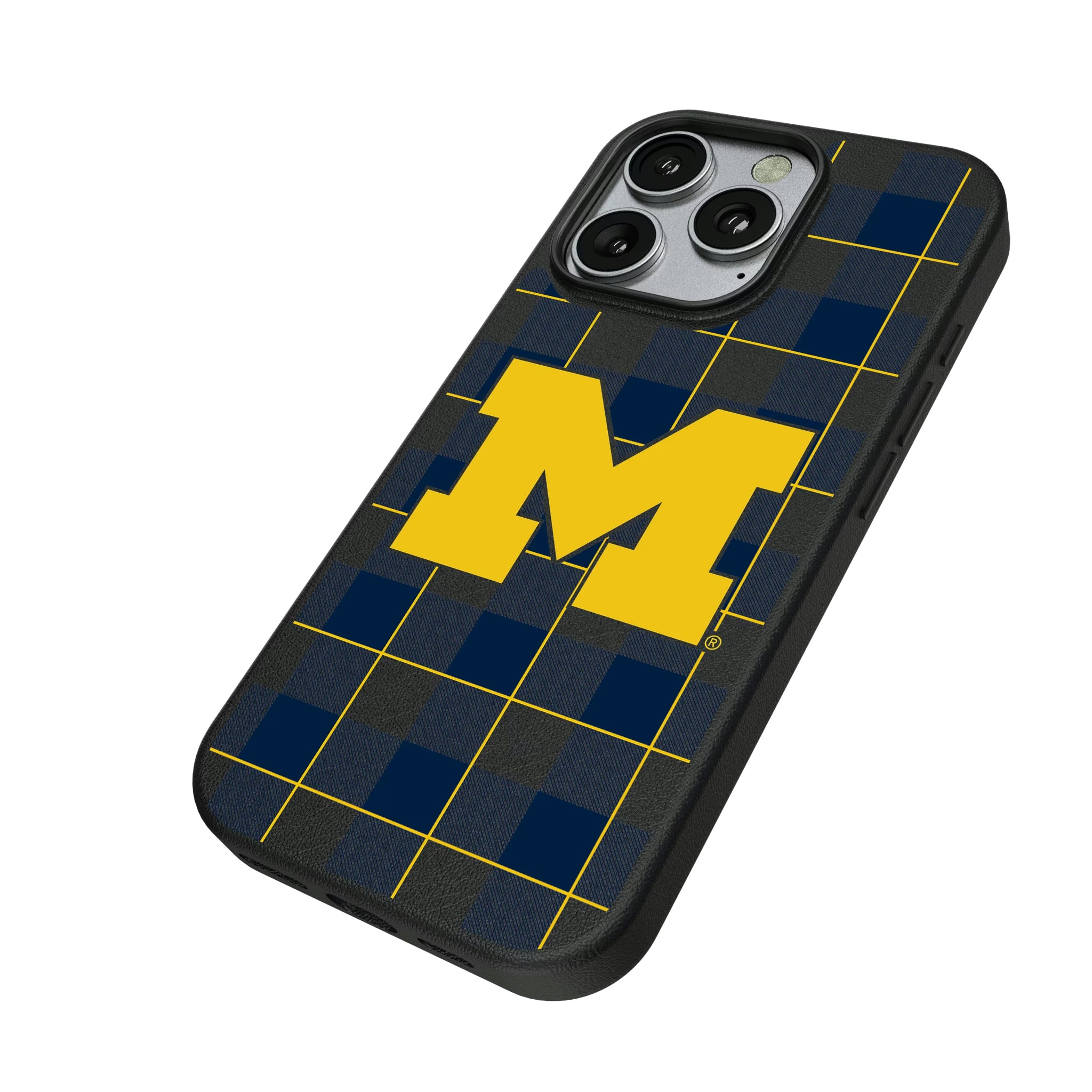 University of Michigan Wolverines Plaid iPhone MagSafe Compatible Phone Case for Apple iPhone - Isometric View