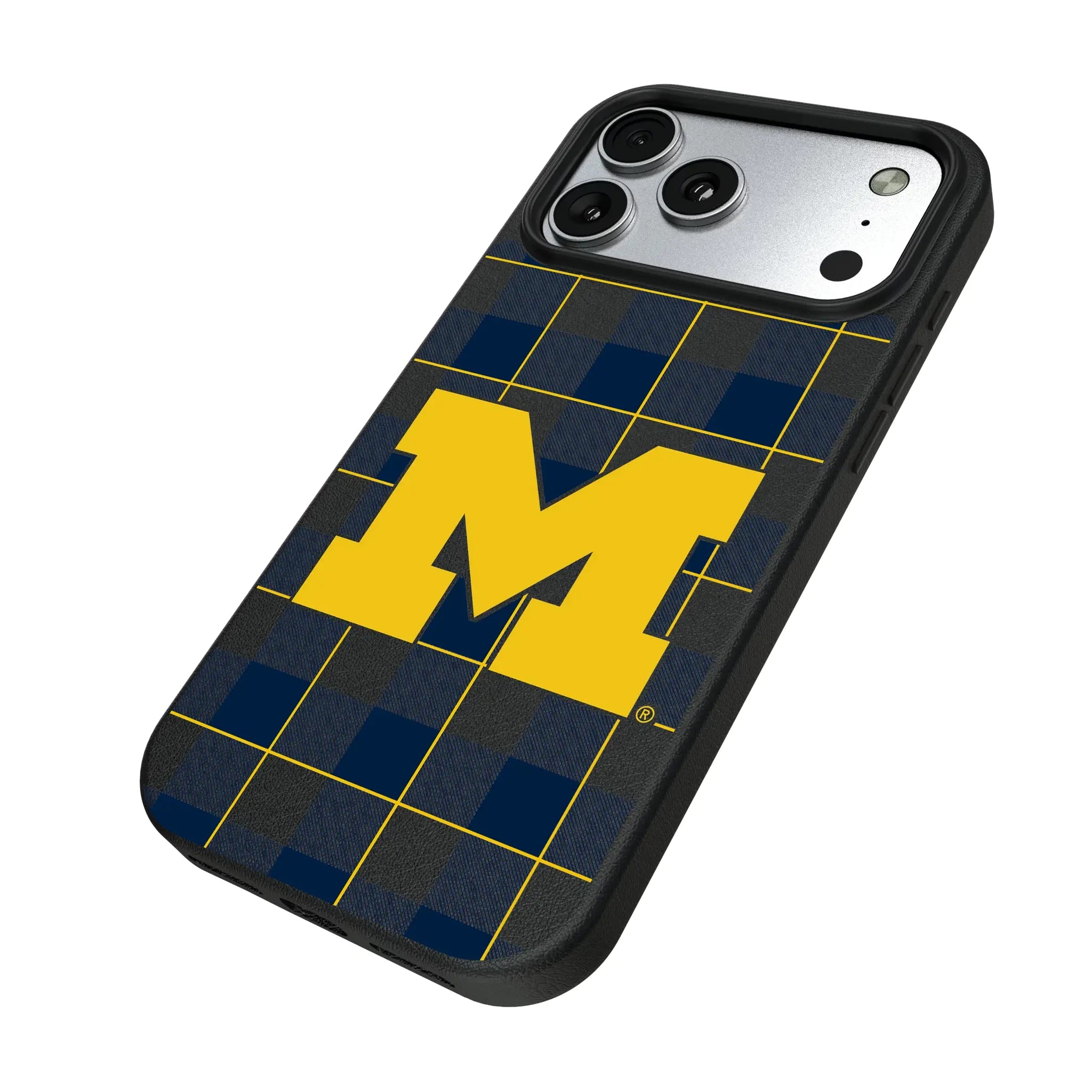 University of Michigan Wolverines Plaid iPhone MagSafe Compatible Phone Case for Apple iPhone - Isometric View#Device_iPhone 17 Pro Max