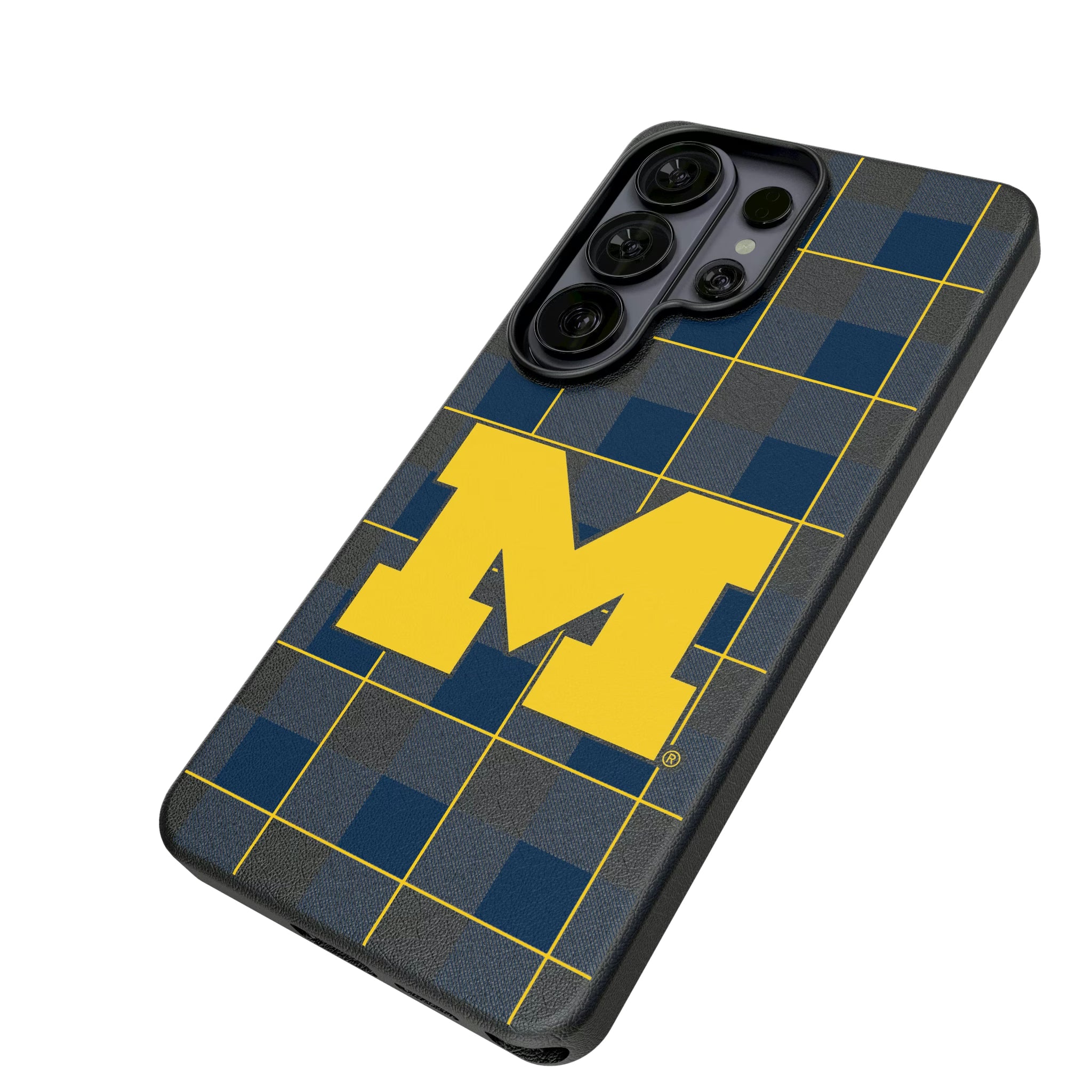 University of Michigan Wolverines Plaid Galaxy MagSafe Compatible Phone Case for Samsung Galaxy - Isometric View