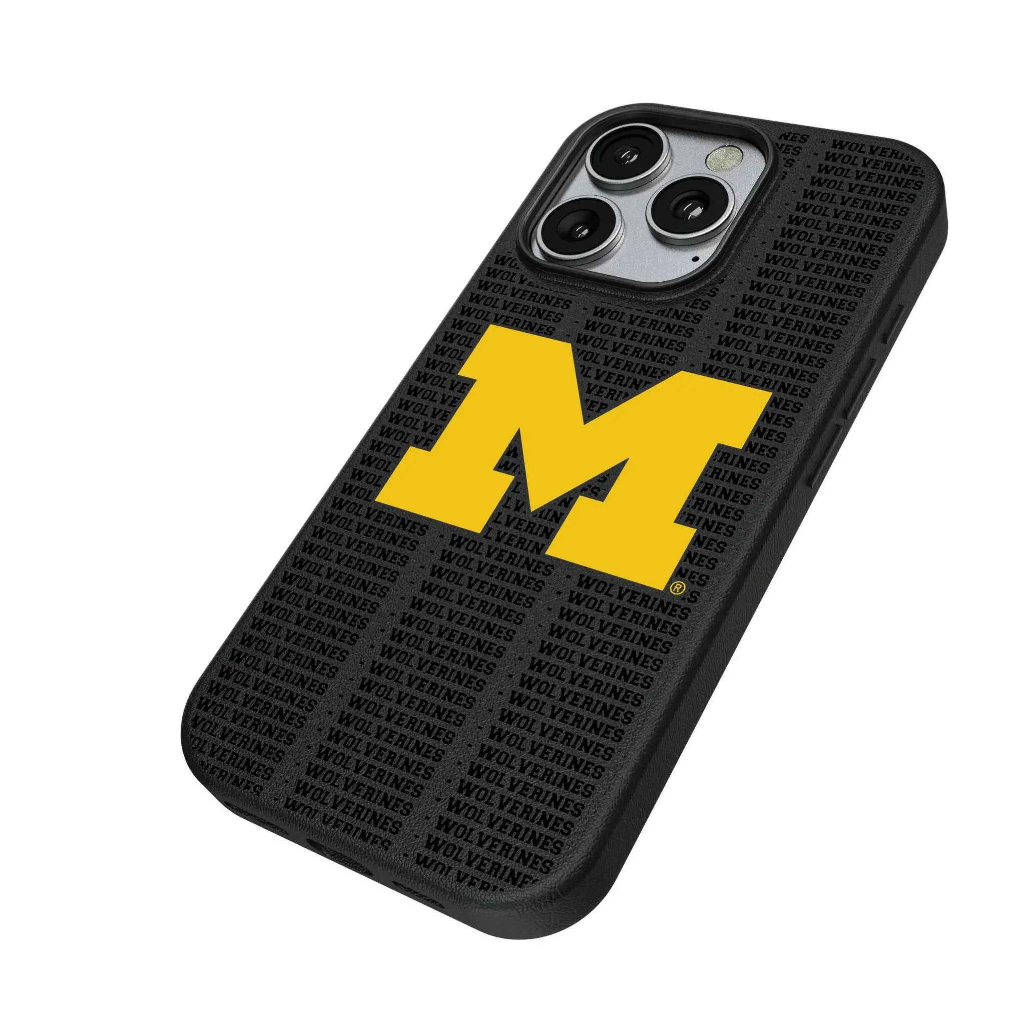 University of Michigan Wolverines Text Backdrop iPhone MagSafe Compatible Phone Case for Apple iPhone - Isometric View