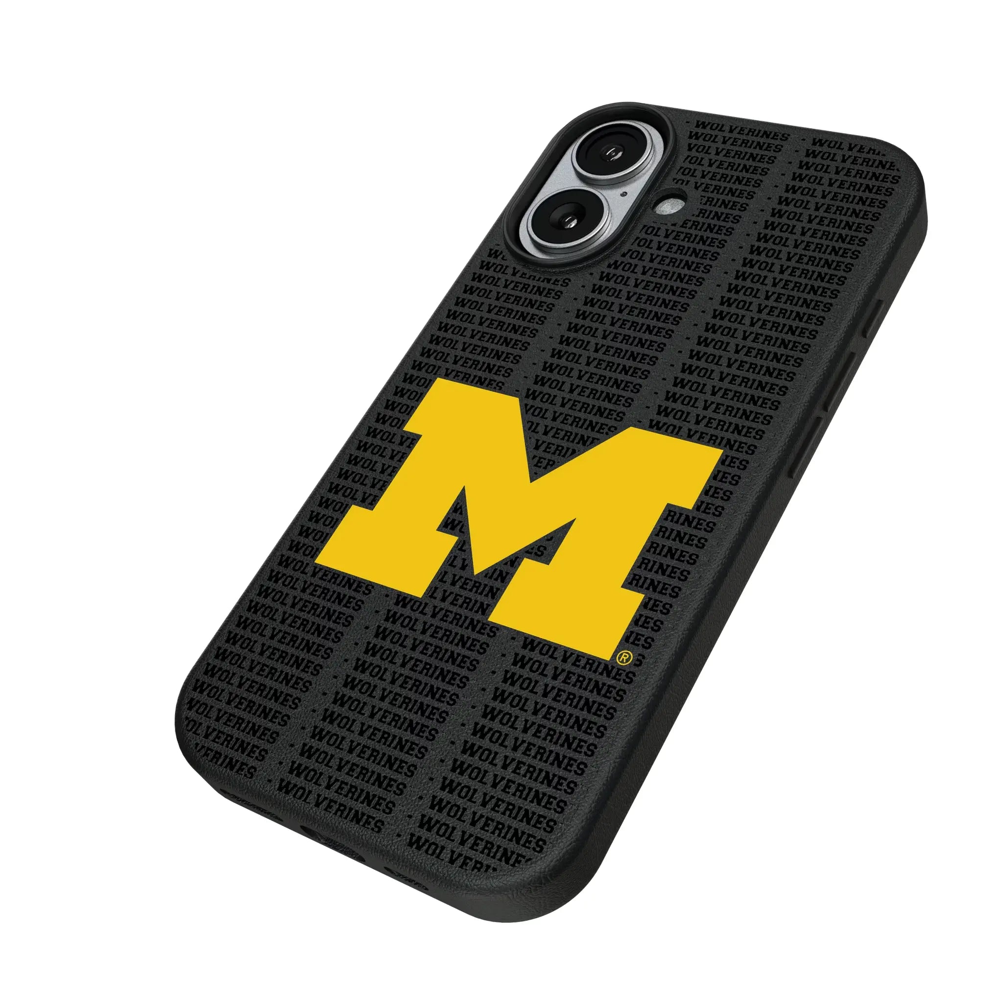 University of Michigan Wolverines Text Backdrop iPhone MagSafe Compatible Phone Case for Apple iPhone - Isometric View#Device_iPhone 17