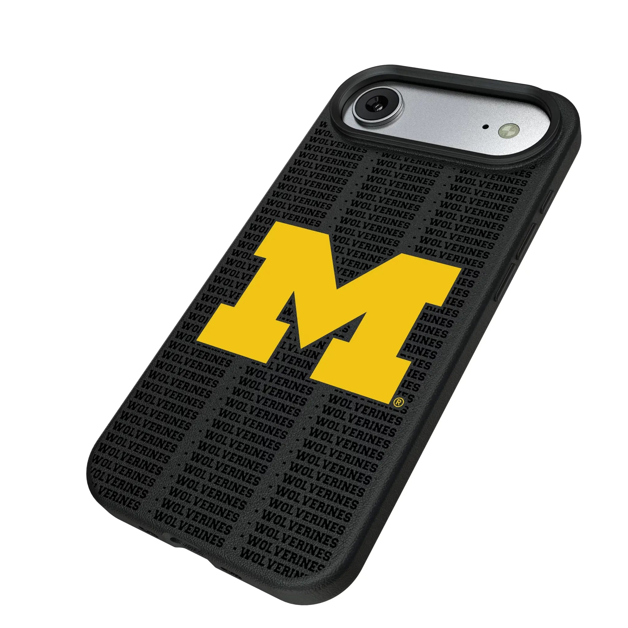 University of Michigan Wolverines Text Backdrop iPhone MagSafe Compatible Phone Case for Apple iPhone - Isometric View#Device_iPhone Air
