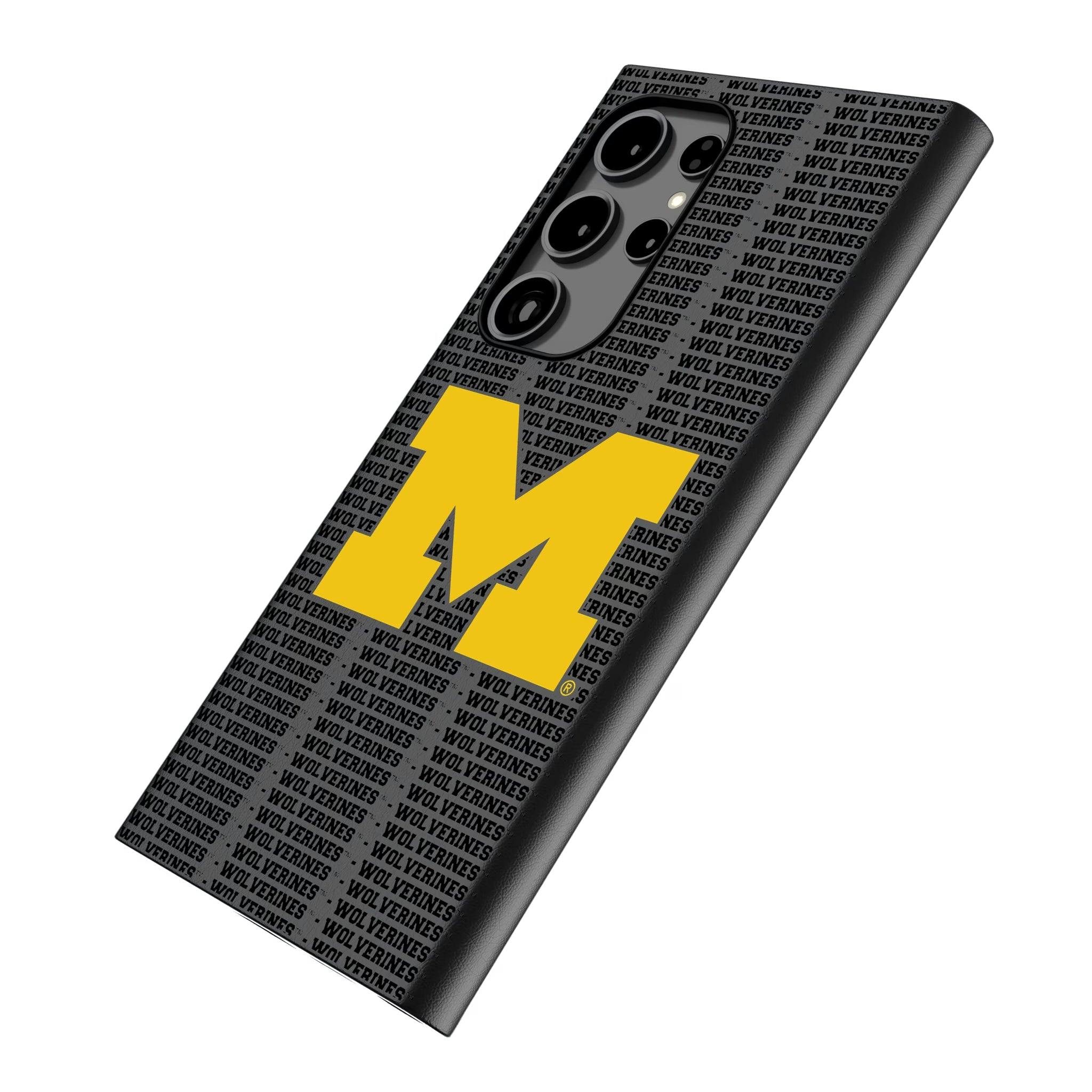 University of Michigan Wolverines Text Backdrop Galaxy MagSafe Compatible Phone Case for Samsung Galaxy - Isometric View