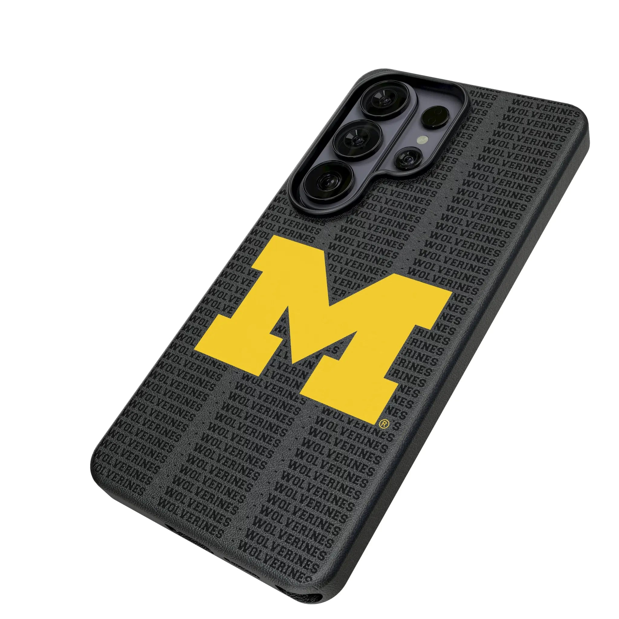 University of Michigan Wolverines Text Backdrop Galaxy MagSafe Compatible Phone Case for Samsung Galaxy - Isometric View#Device_Galaxy S26 Ultra