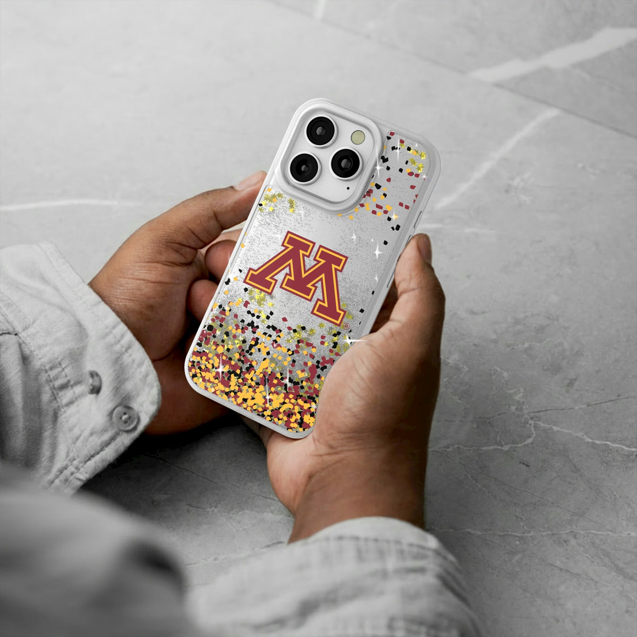 University of Minnesota Golden Gophers Confetti iPhone Glitter Phone Case for Apple iPhone - Lifestyle#Device_iPhone 16 Pro
