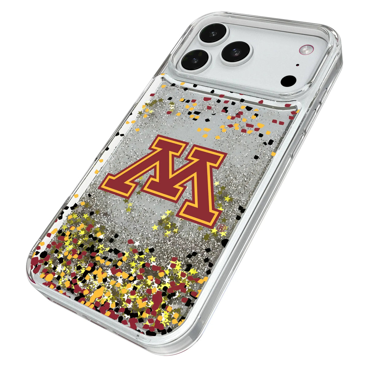 University of Minnesota Golden Gophers Confetti iPhone Glitter Phone Case for Apple iPhone - Isometric View#Device_iPhone 18 Pro Max