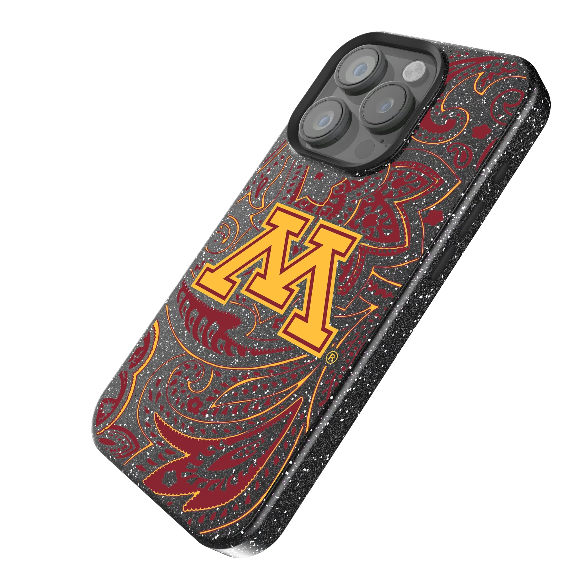 University of Minnesota Golden Gophers Paisley iPhone Bling Phone Case for Apple iPhone - Isometric View