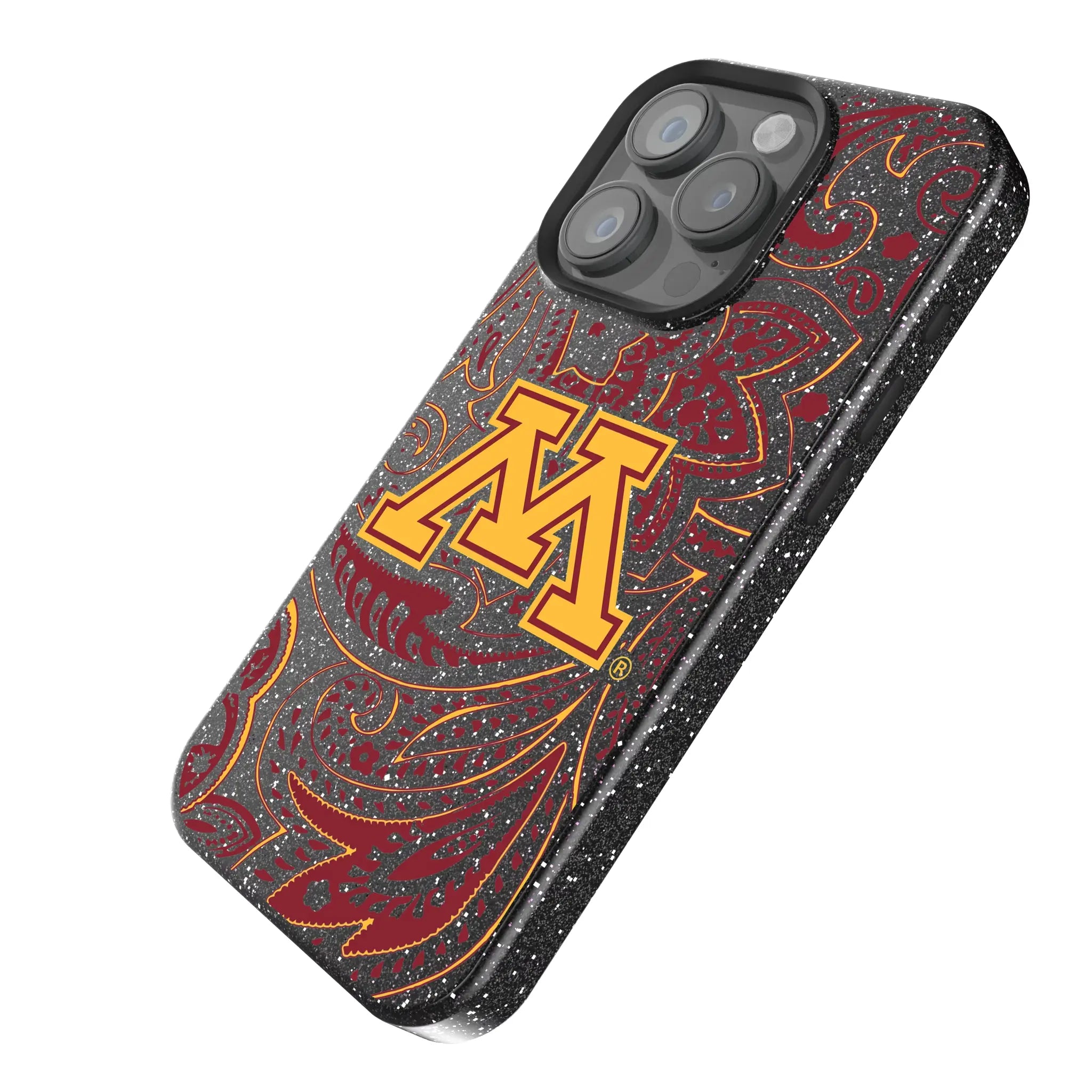 University of Minnesota Golden Gophers Paisley iPhone Bling Phone Case for Apple iPhone - Isometric View