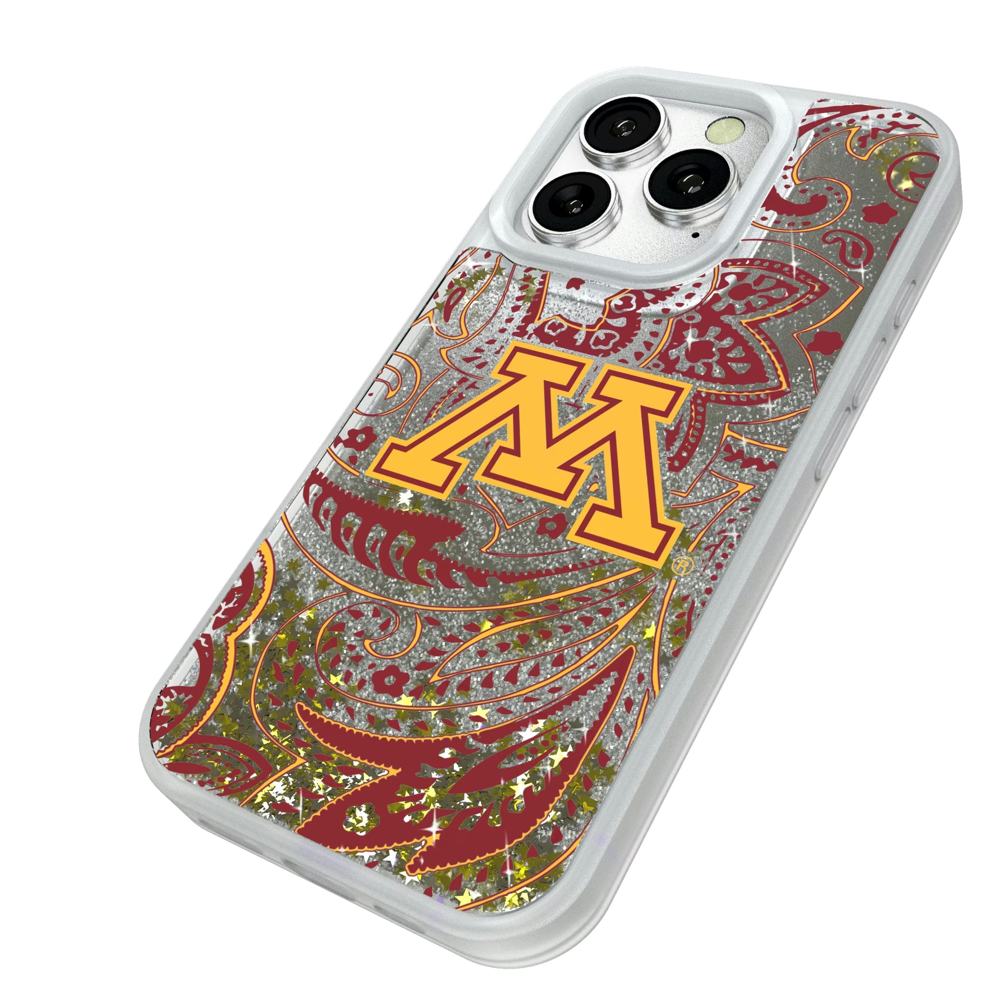 University of Minnesota Golden Gophers Paisley iPhone Glitter Phone Case for Apple iPhone - Isometric View#Device_iPhone 16 Pro