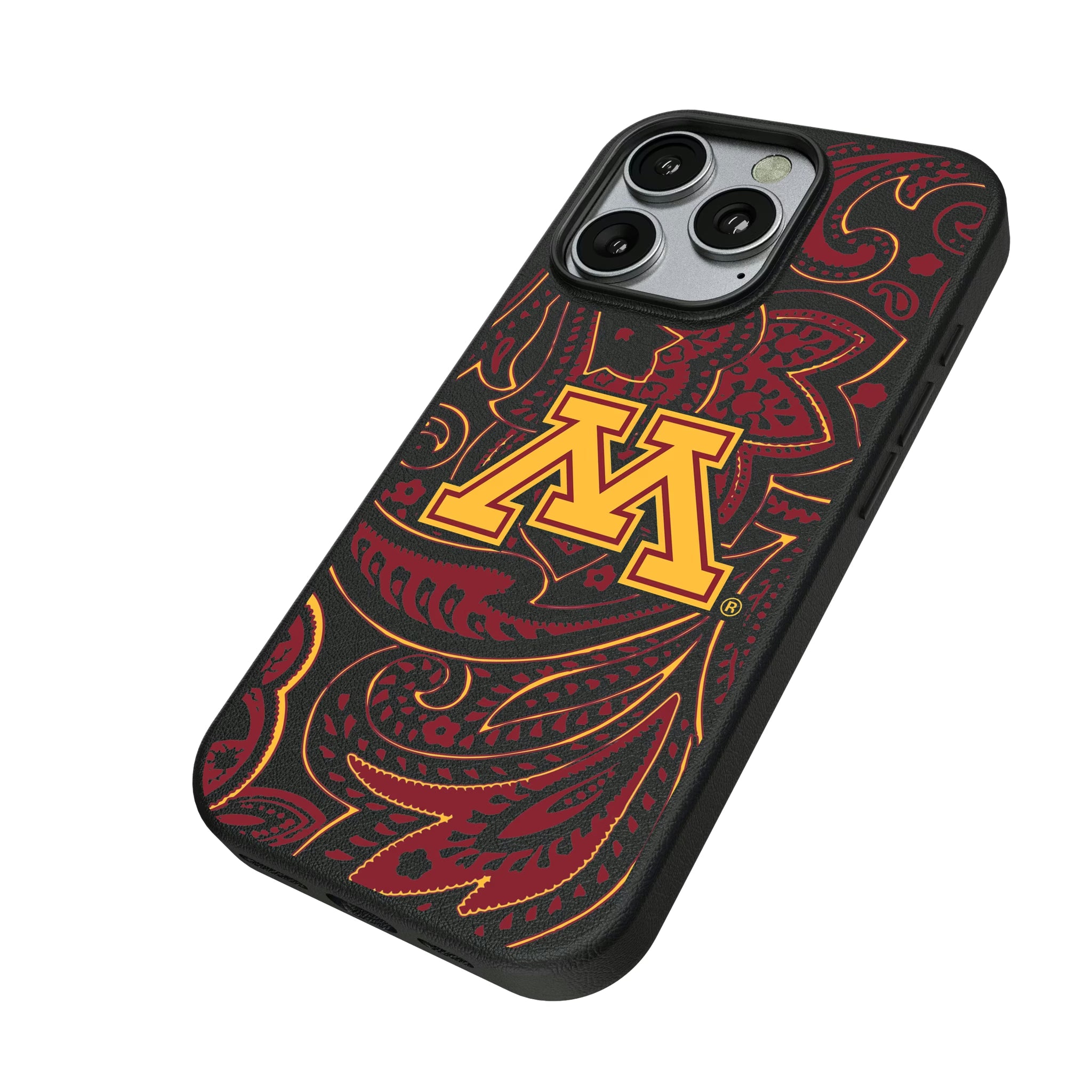 University of Minnesota Golden Gophers Paisley iPhone MagSafe Compatible Phone Case for Apple iPhone - Isometric View