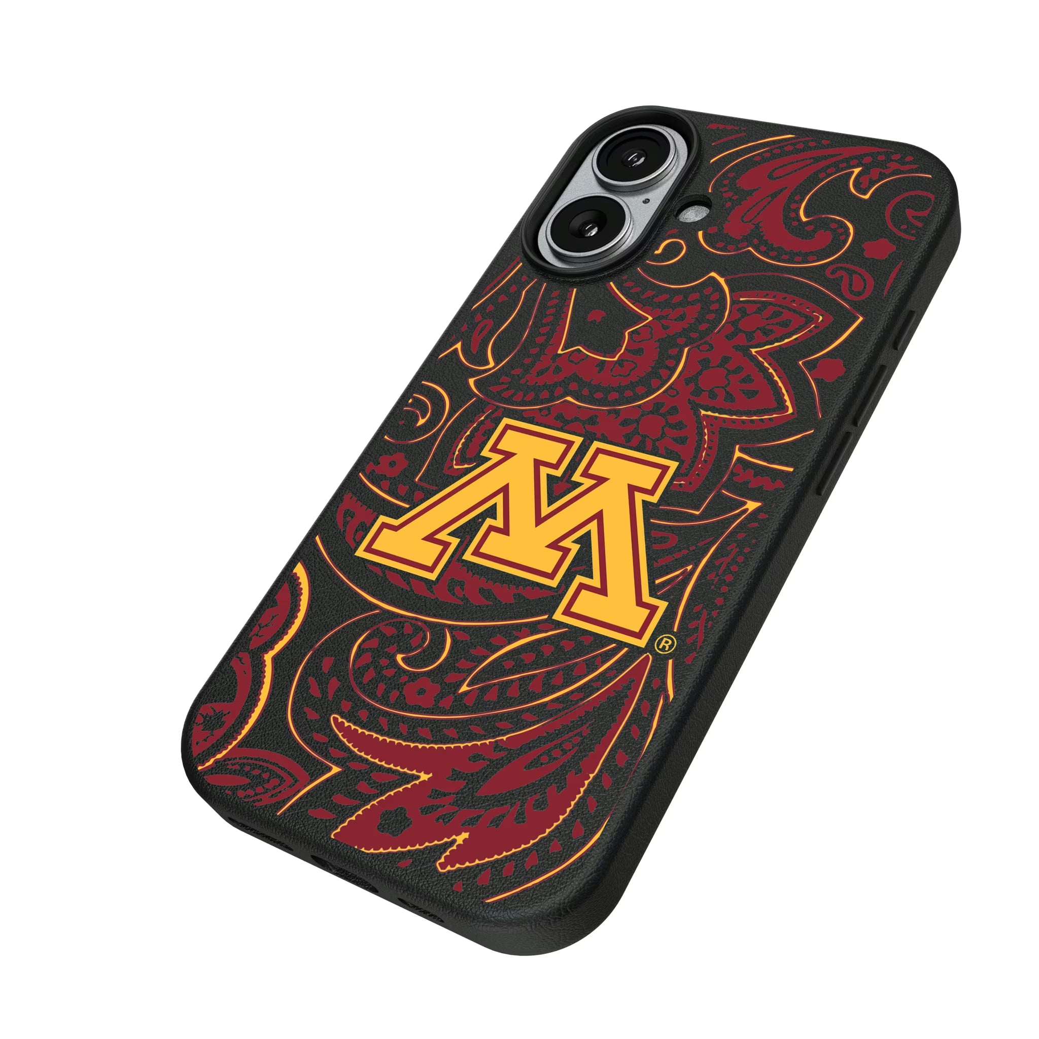 University of Minnesota Golden Gophers Paisley iPhone MagSafe Compatible Phone Case for Apple iPhone - Isometric View#Device_iPhone 17