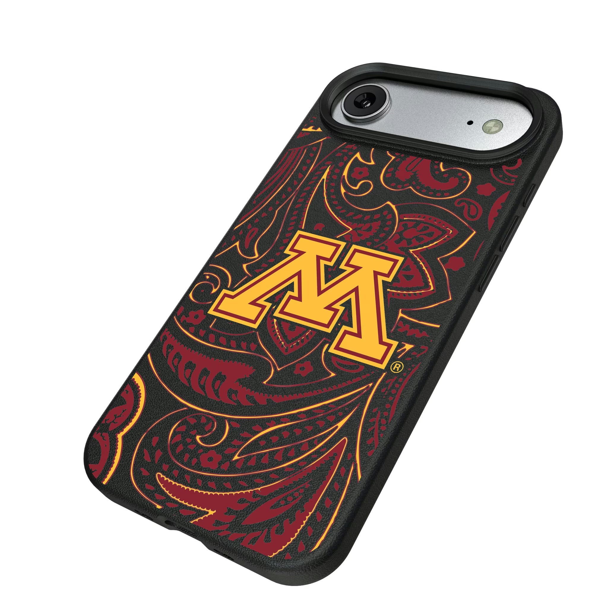 University of Minnesota Golden Gophers Paisley iPhone MagSafe Compatible Phone Case for Apple iPhone - Isometric View#Device_iPhone Air