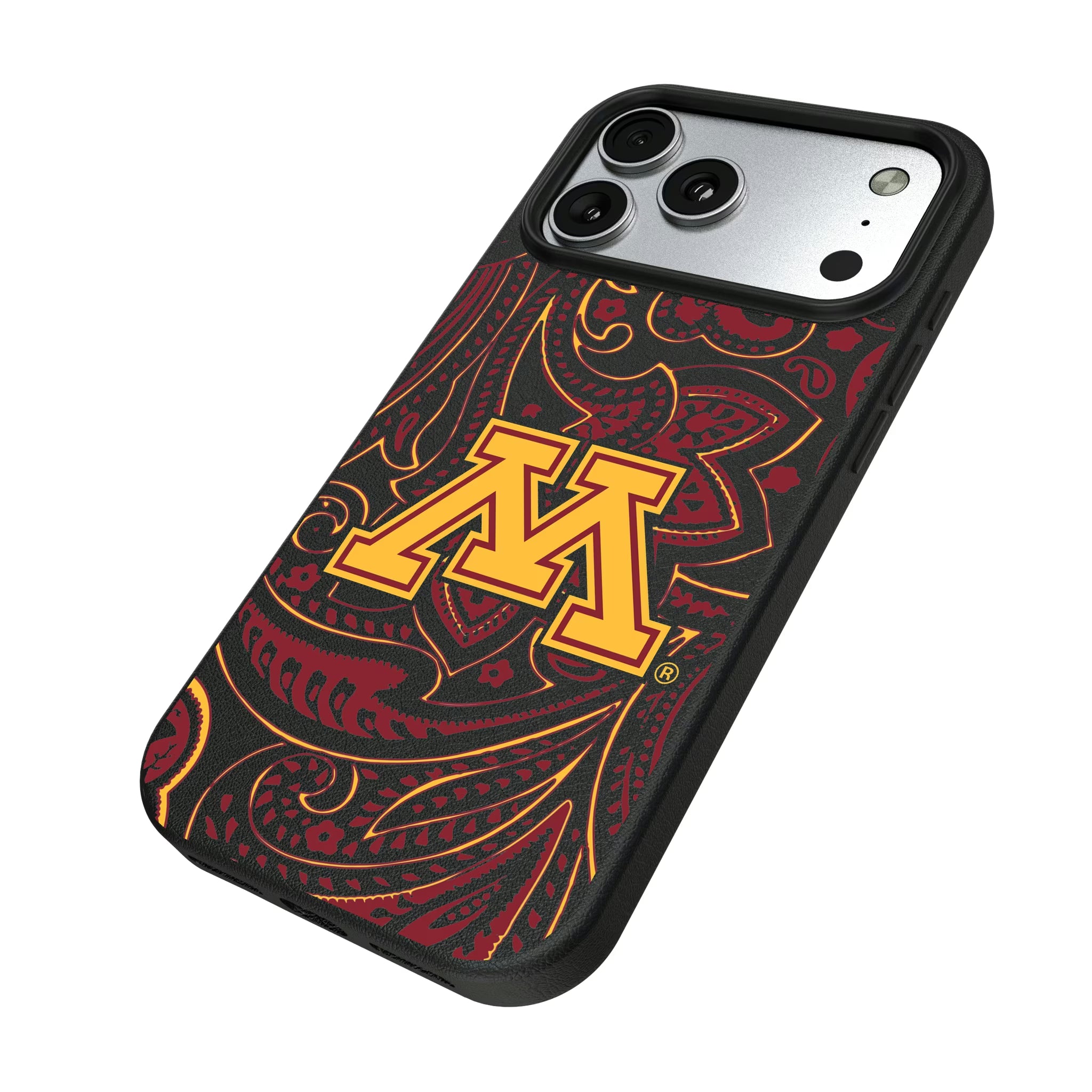 University of Minnesota Golden Gophers Paisley iPhone MagSafe Compatible Phone Case for Apple iPhone - Isometric View#Device_iPhone 17 Pro Max