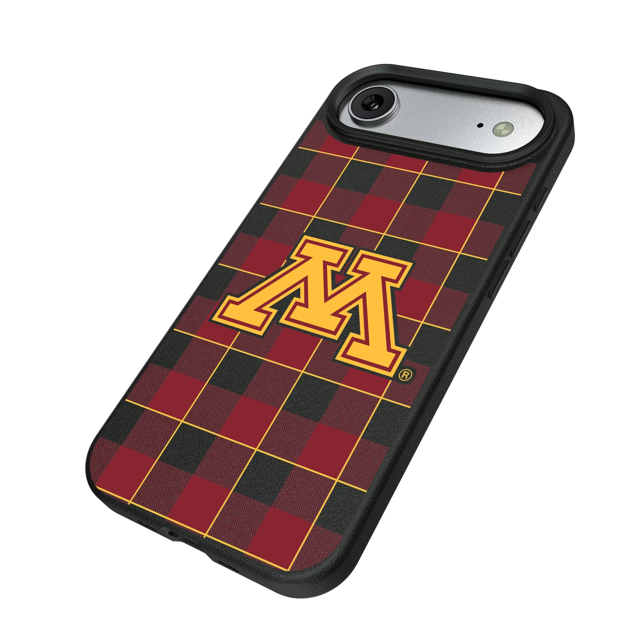 University of Minnesota Golden Gophers Plaid iPhone MagSafe Compatible Phone Case for Apple iPhone - Isometric View#Device_iPhone Air