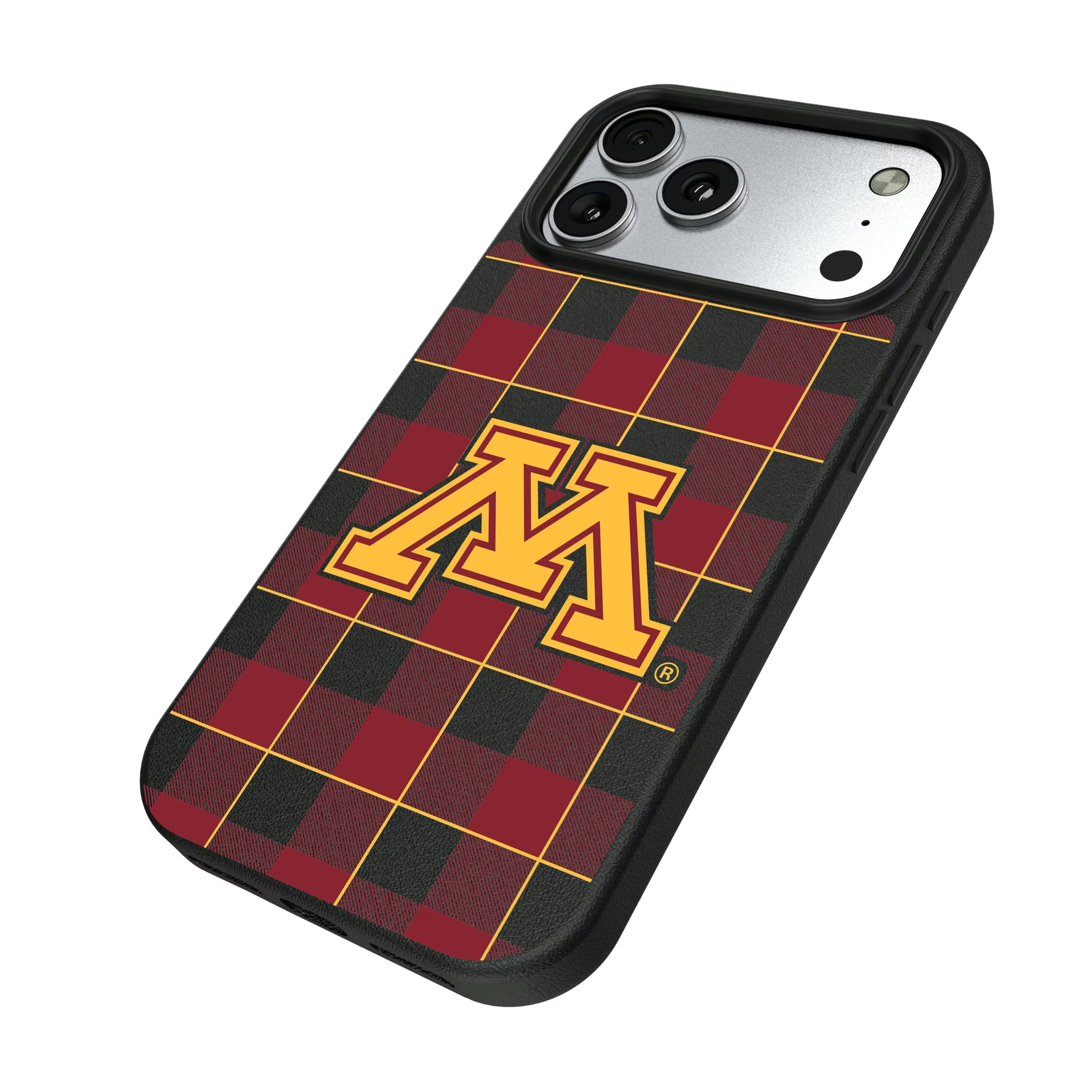 University of Minnesota Golden Gophers Plaid iPhone MagSafe Compatible Phone Case for Apple iPhone - Isometric View#Device_iPhone 17 Pro Max