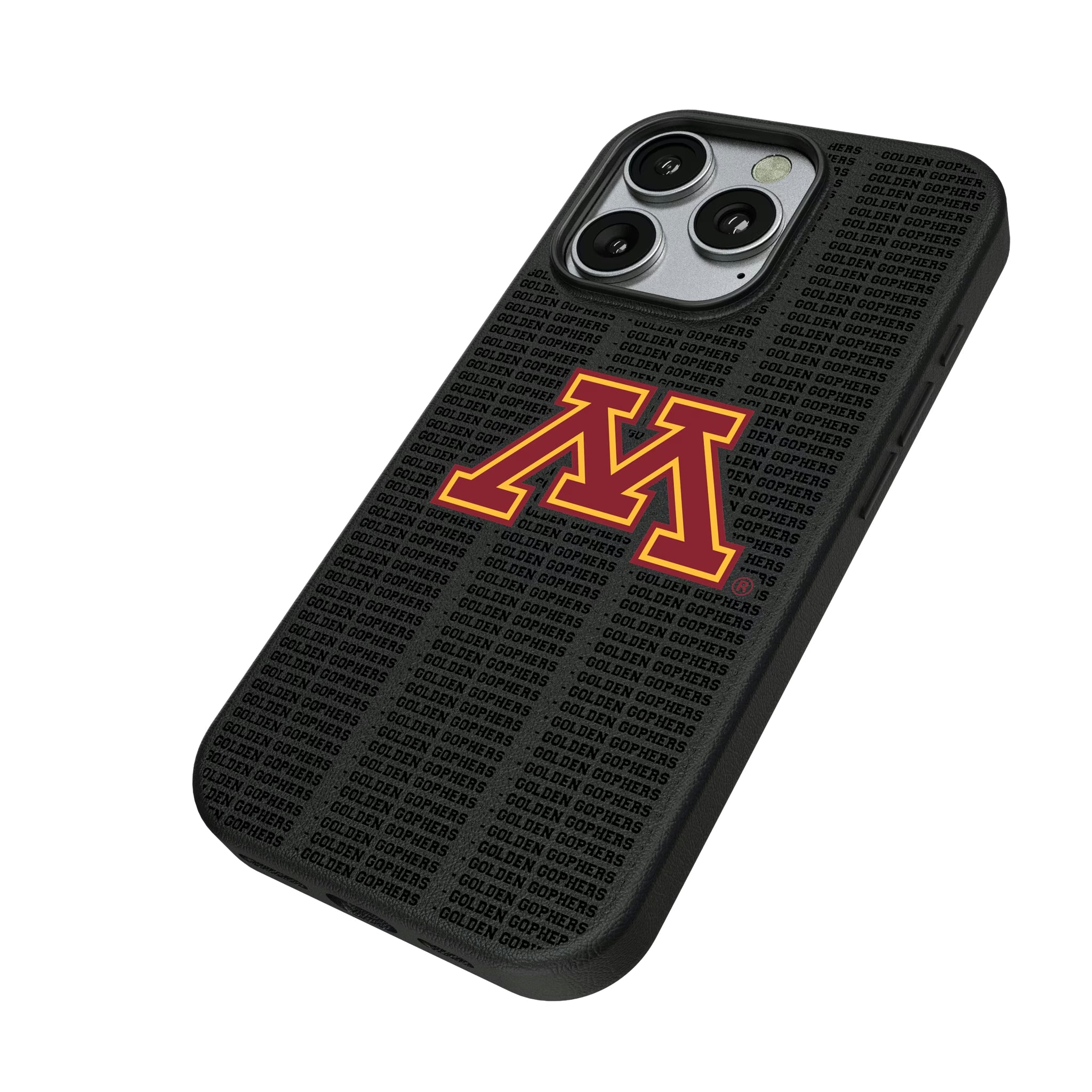 University of Minnesota Golden Gophers Text Backdrop iPhone MagSafe Compatible Phone Case for Apple iPhone - Isometric View