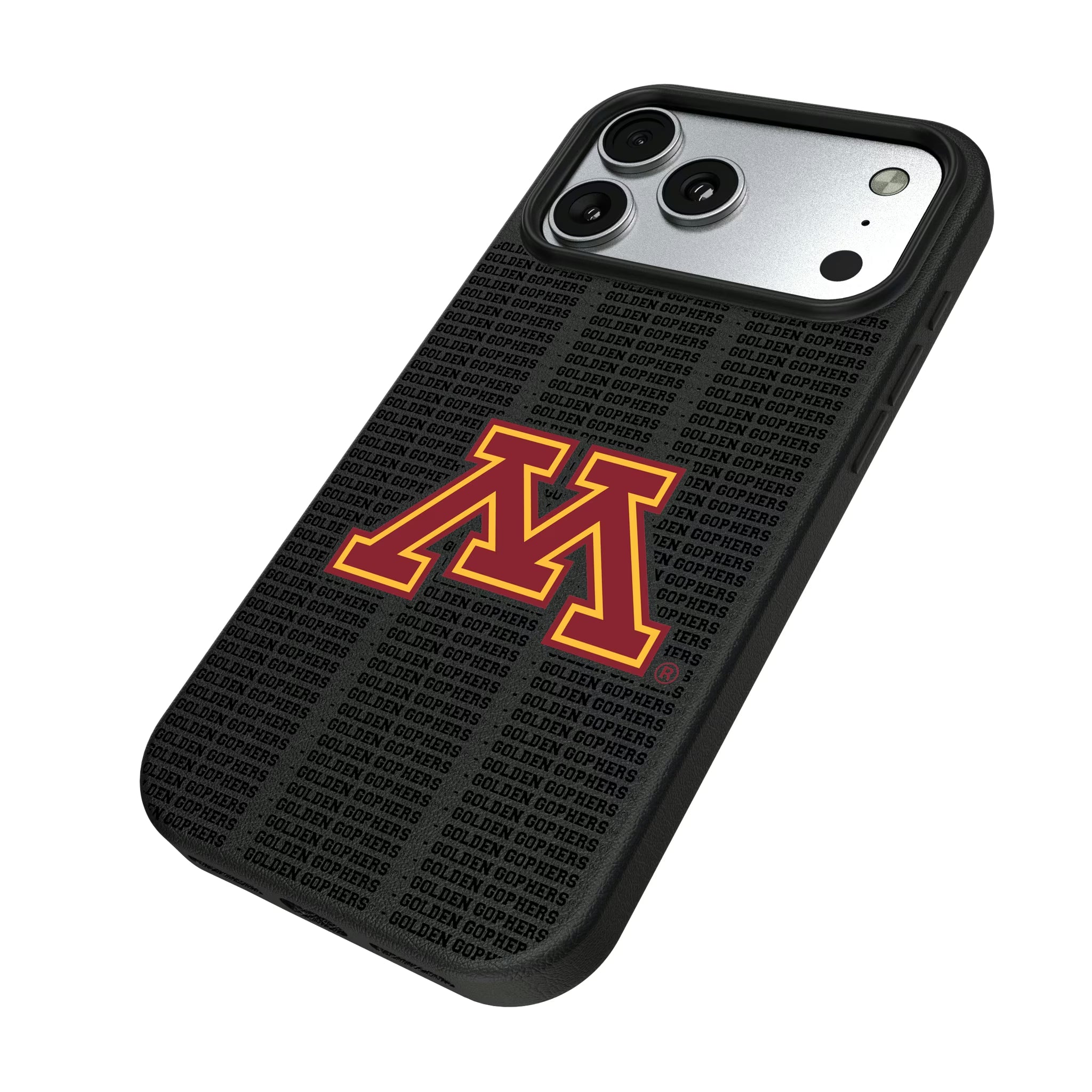 University of Minnesota Golden Gophers Text Backdrop iPhone MagSafe Compatible Phone Case for Apple iPhone - Isometric View#Device_iPhone 17 Pro Max