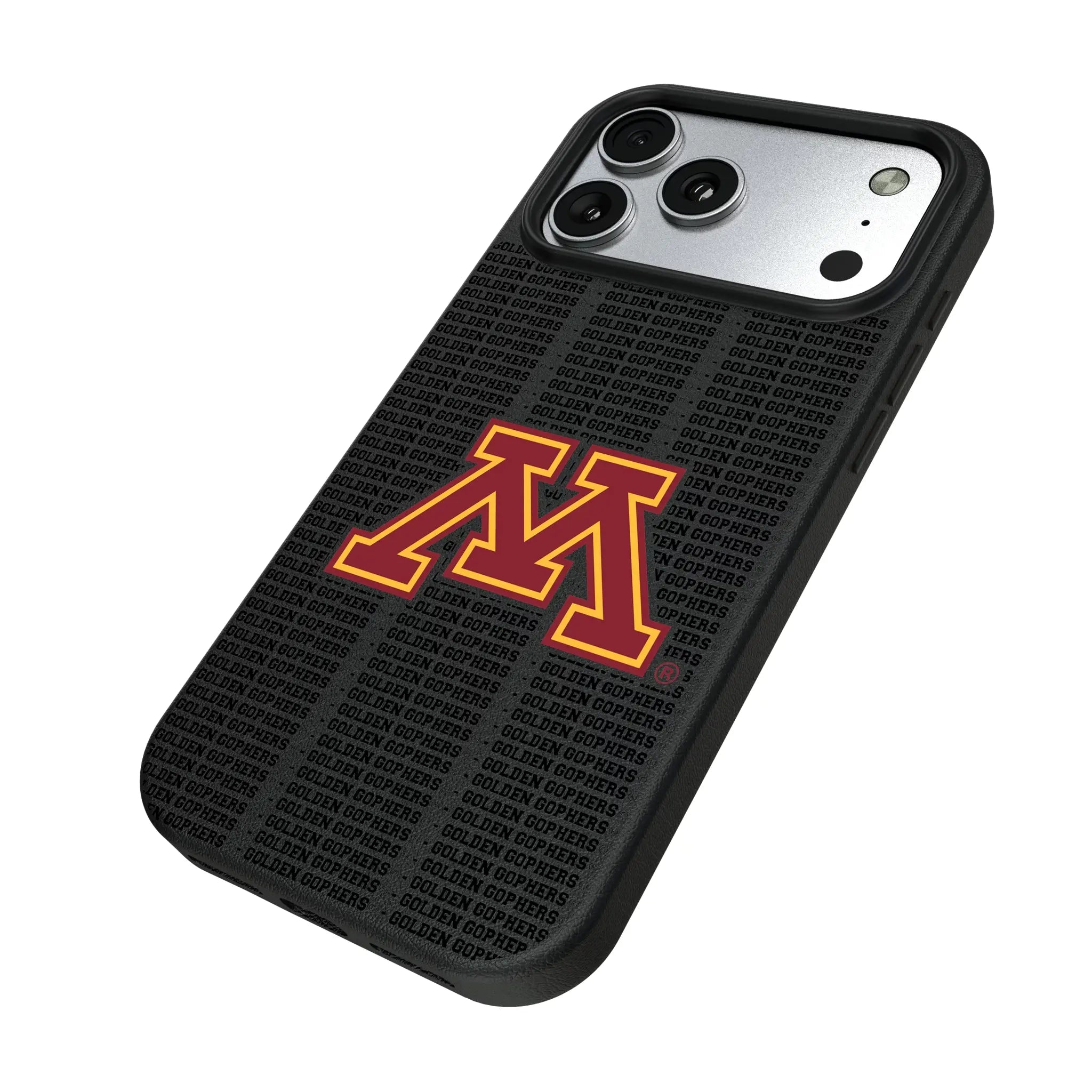 University of Minnesota Golden Gophers Text Backdrop iPhone MagSafe Compatible Phone Case for Apple iPhone - Isometric View#Device_iPhone 17 Pro Max