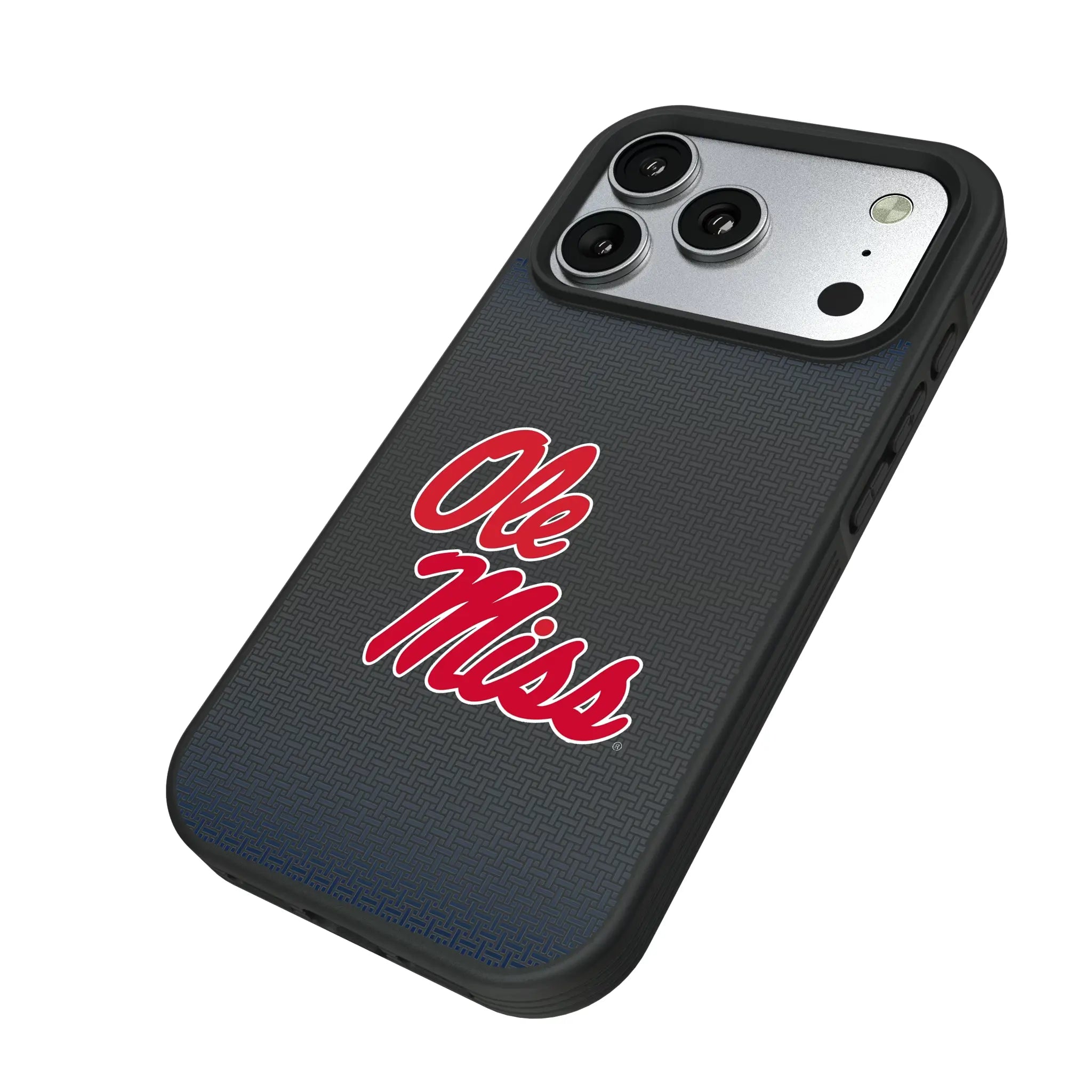 University of Mississippi Rebels Linen iPhone Bump Phone Case for Apple iPhone - Isometric View#Device_iPhone 17 Pro