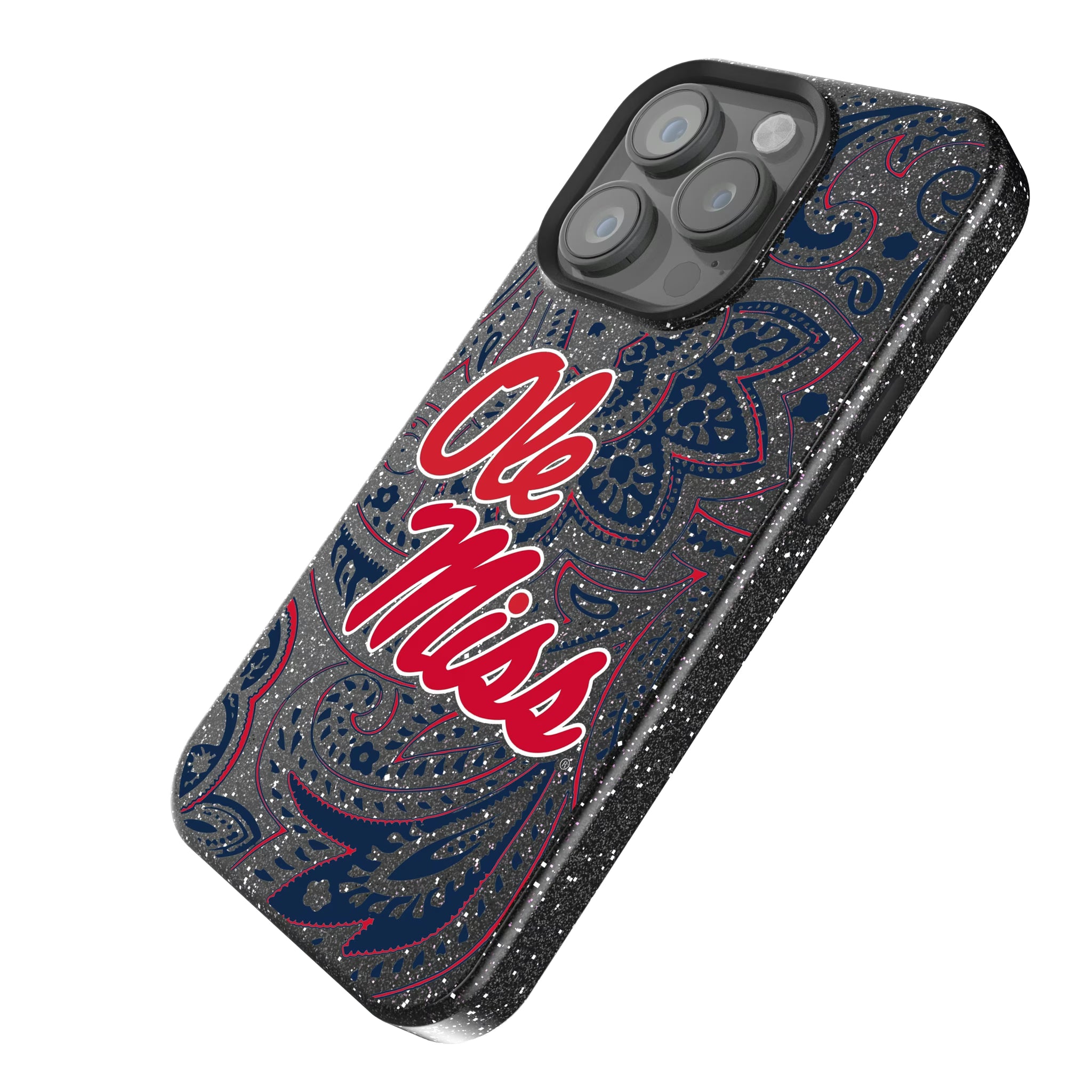 University of Mississippi Rebels Paisley iPhone Bling Phone Case for Apple iPhone - Isometric View