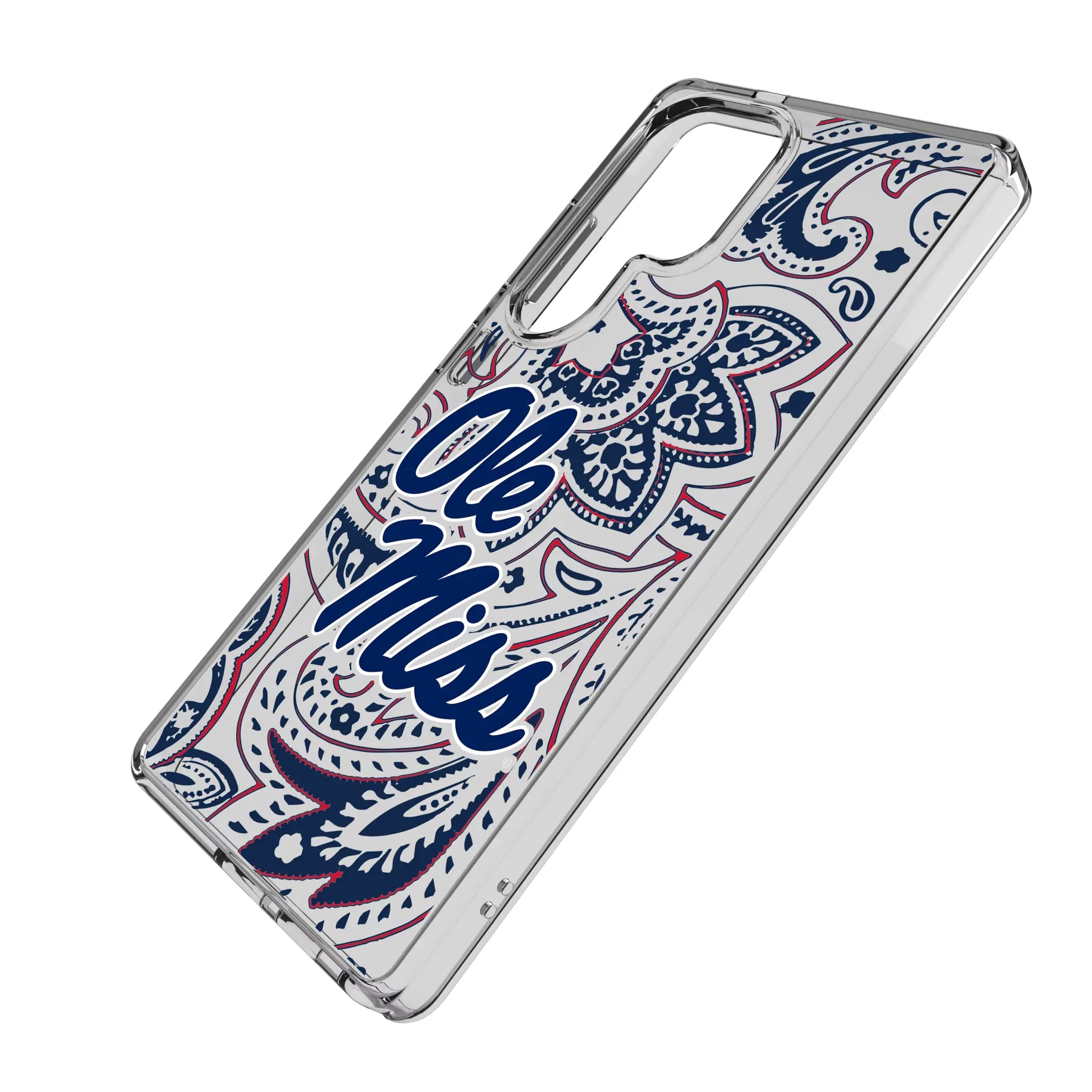 University of Mississippi Rebels Paisley Galaxy Clear Phone Case for Samsung Galaxy - Isometric View#Device_Galaxy S25 Ultra