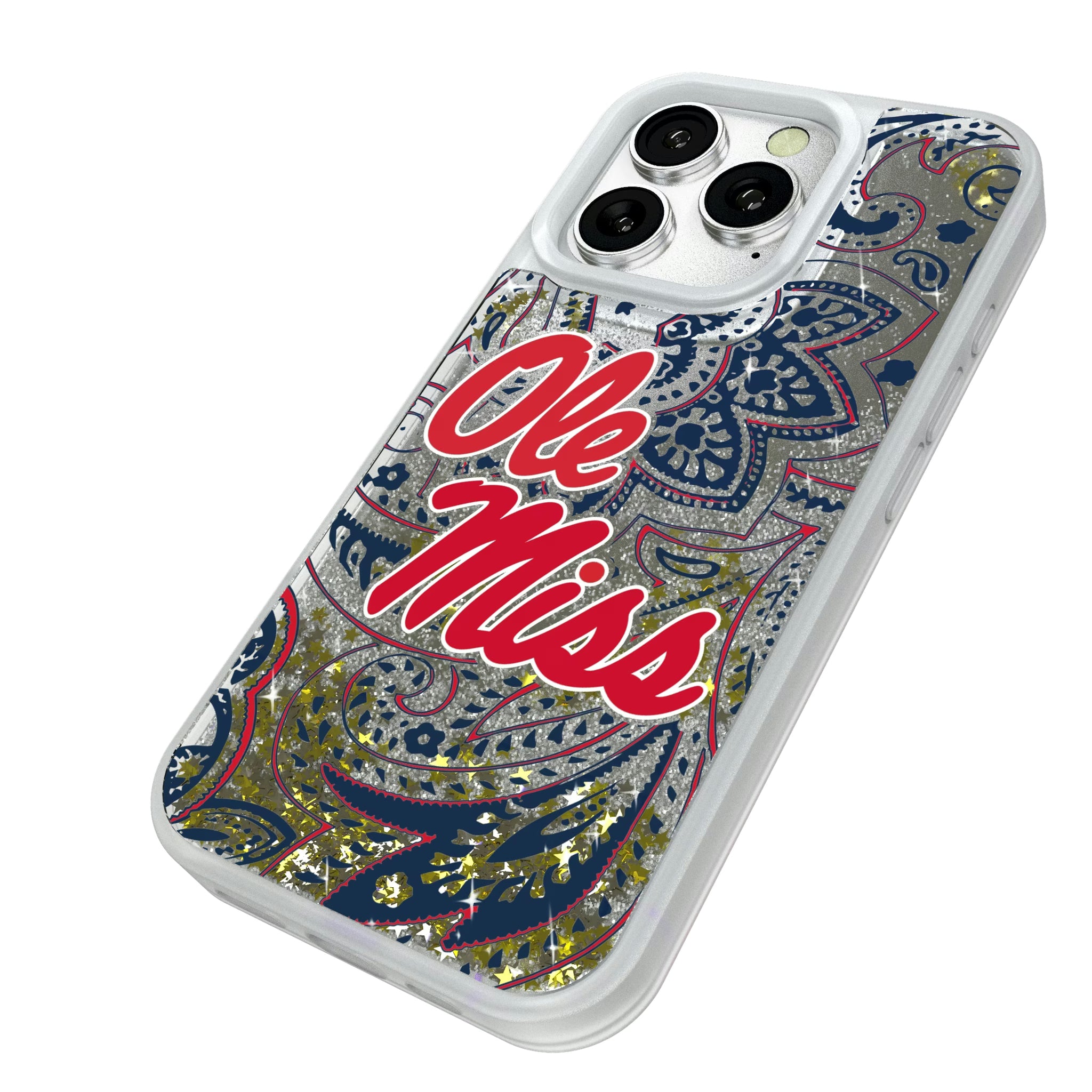 University of Mississippi Rebels Paisley iPhone Glitter Phone Case for Apple iPhone - Isometric View#Device_iPhone 16 Pro