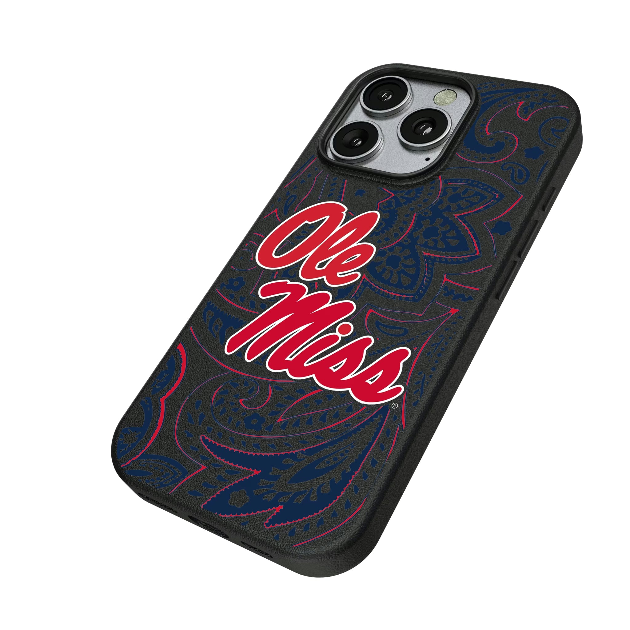University of Mississippi Rebels Paisley iPhone MagSafe Compatible Phone Case for Apple iPhone - Isometric View