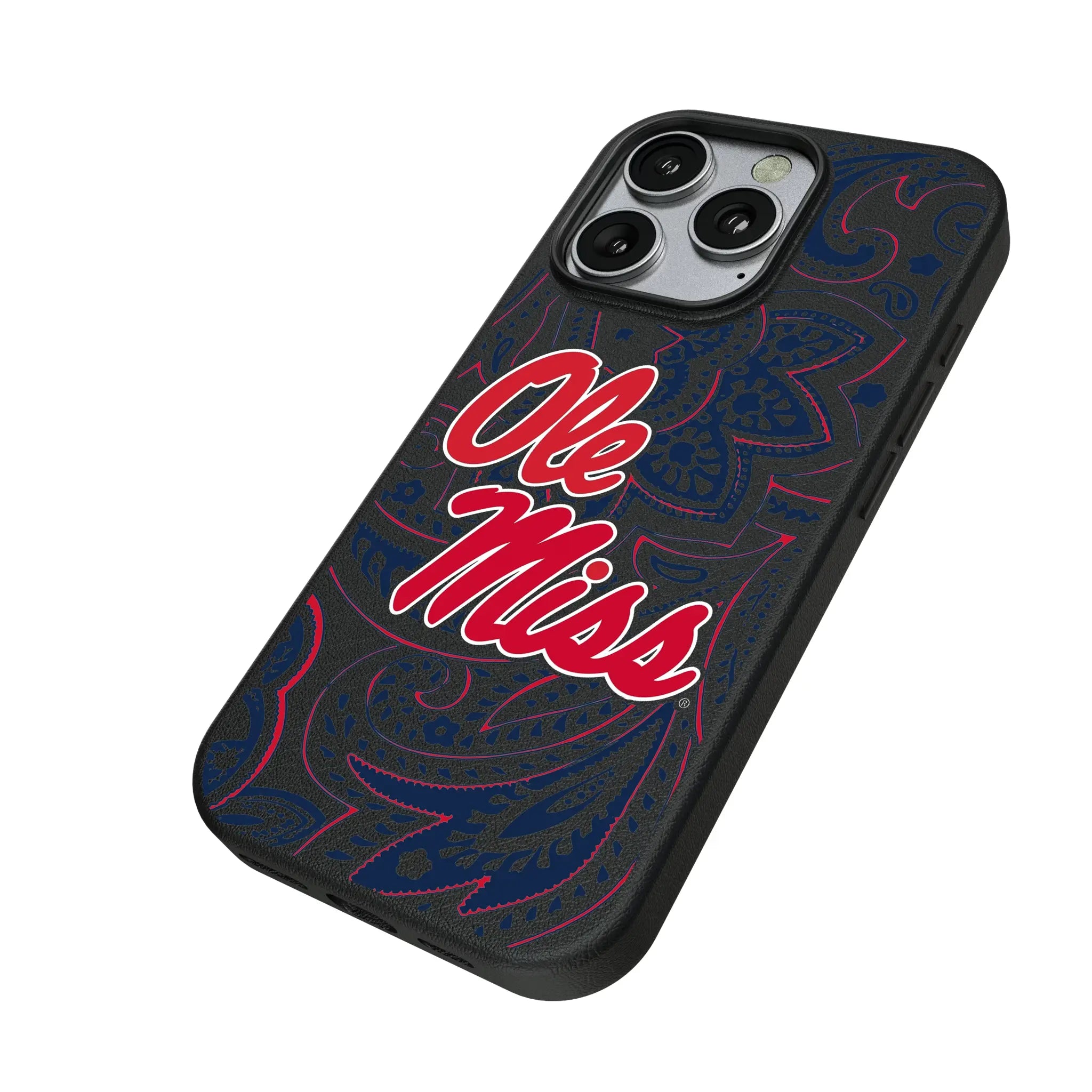 University of Mississippi Rebels Paisley iPhone MagSafe Compatible Phone Case for Apple iPhone - Isometric View