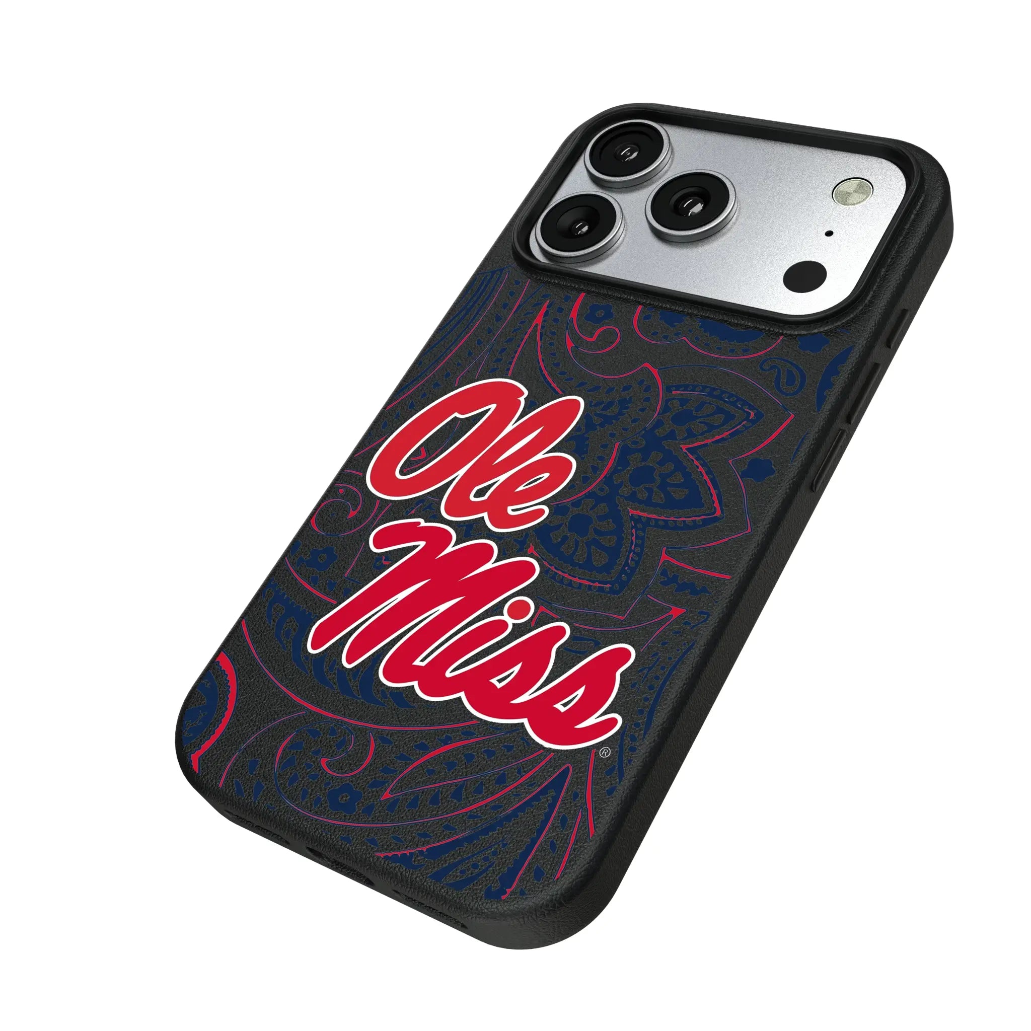 University of Mississippi Rebels Paisley iPhone MagSafe Compatible Phone Case for Apple iPhone - Isometric View#Device_iPhone 17 Pro