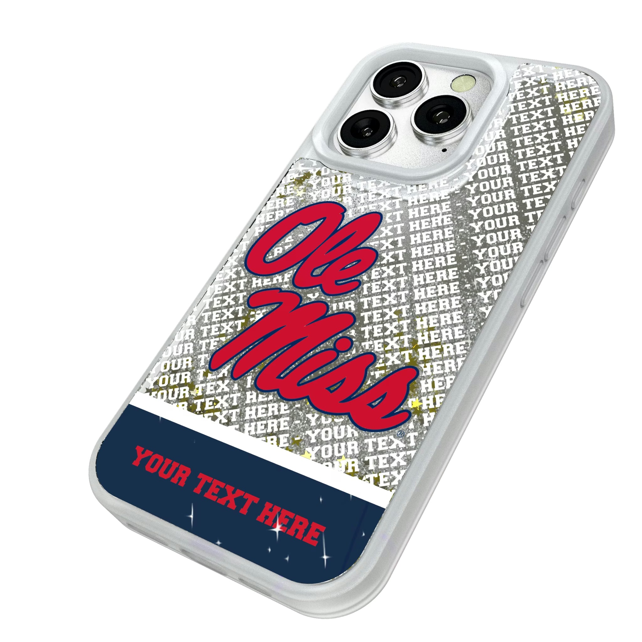 University of Mississippi Rebels Personalized EndZone Plus iPhone Glitter Phone Case for Apple iPhone - Isometric View#Device_iPhone 16 Pro