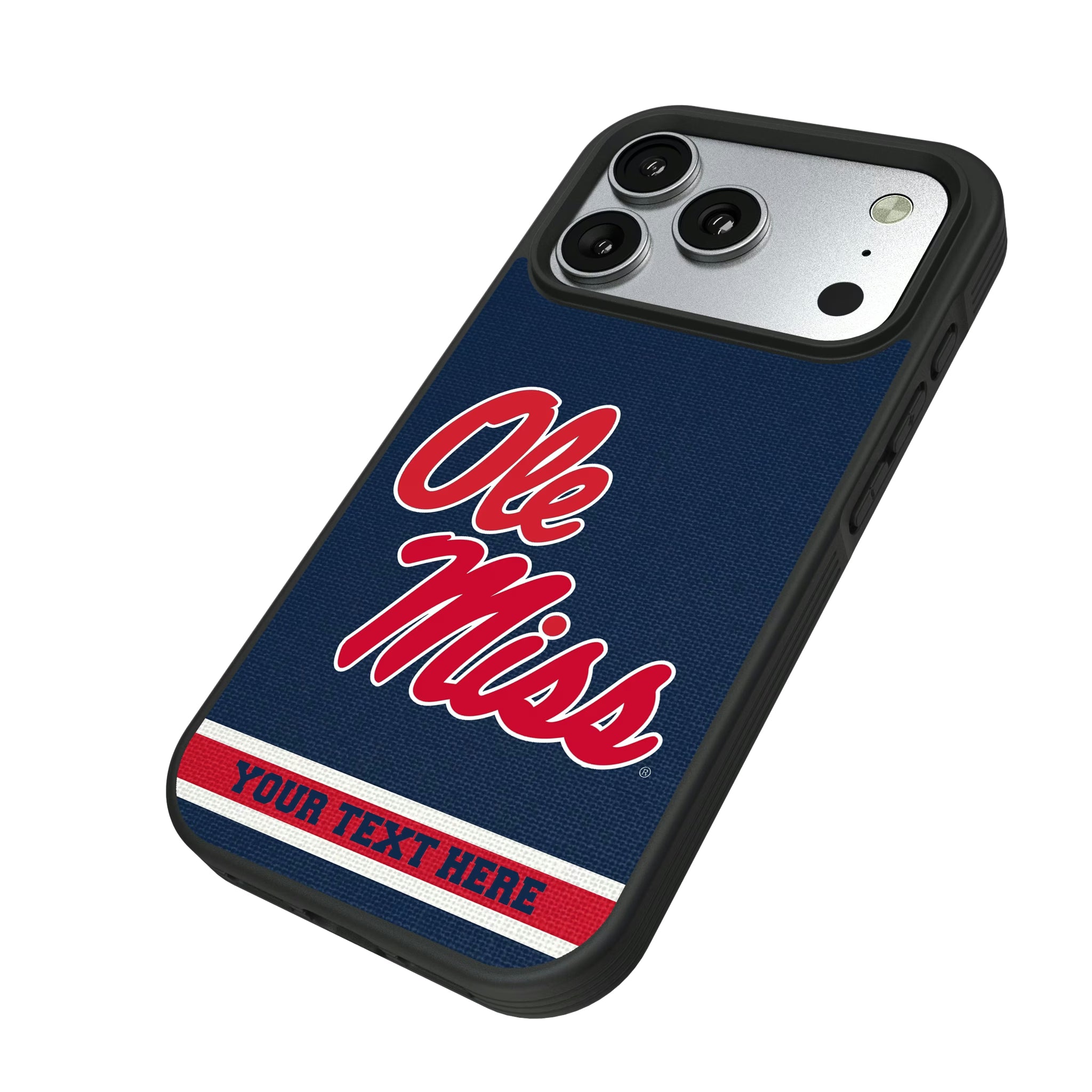 University of Mississippi Rebels Personalized Stripe iPhone Bump Phone Case for Apple iPhone - Isometric View#Device_iPhone 17 Pro