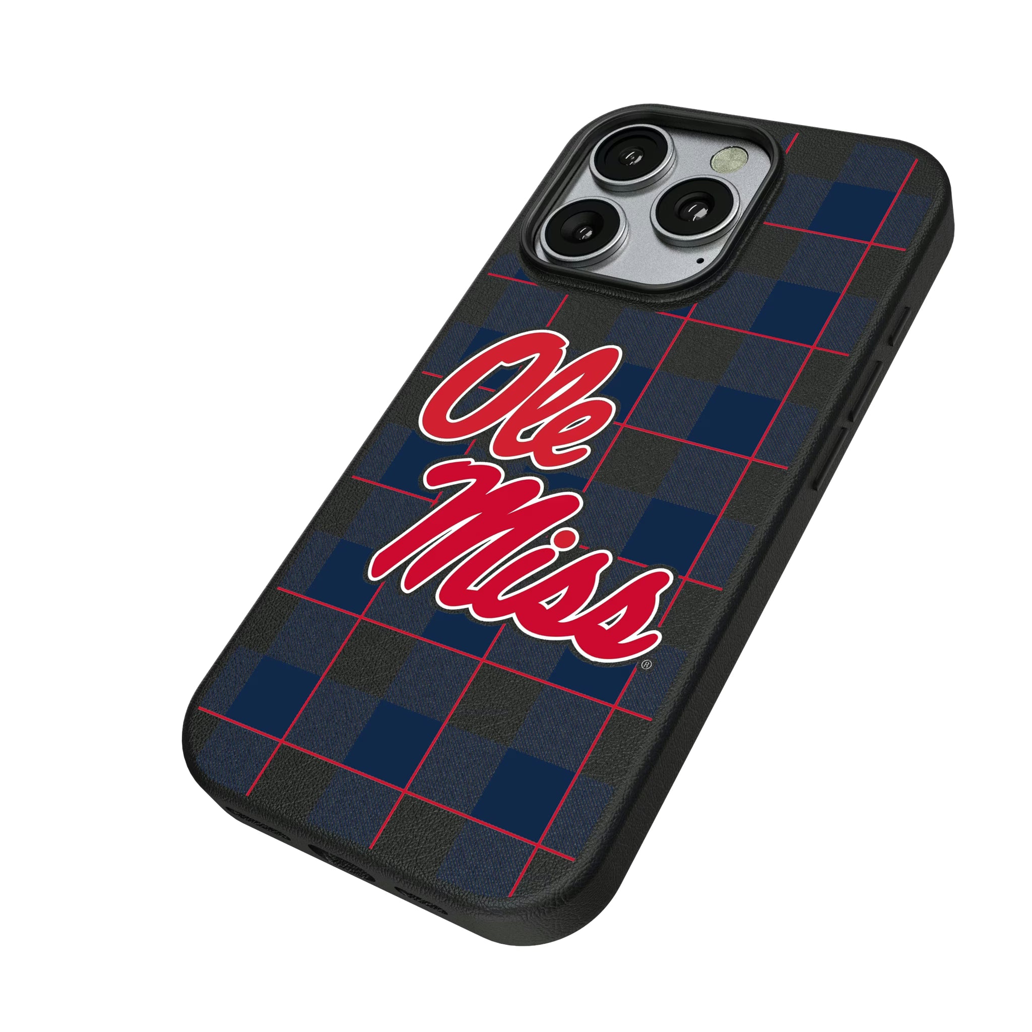 University of Mississippi Rebels Plaid iPhone MagSafe Compatible Phone Case for Apple iPhone - Isometric View