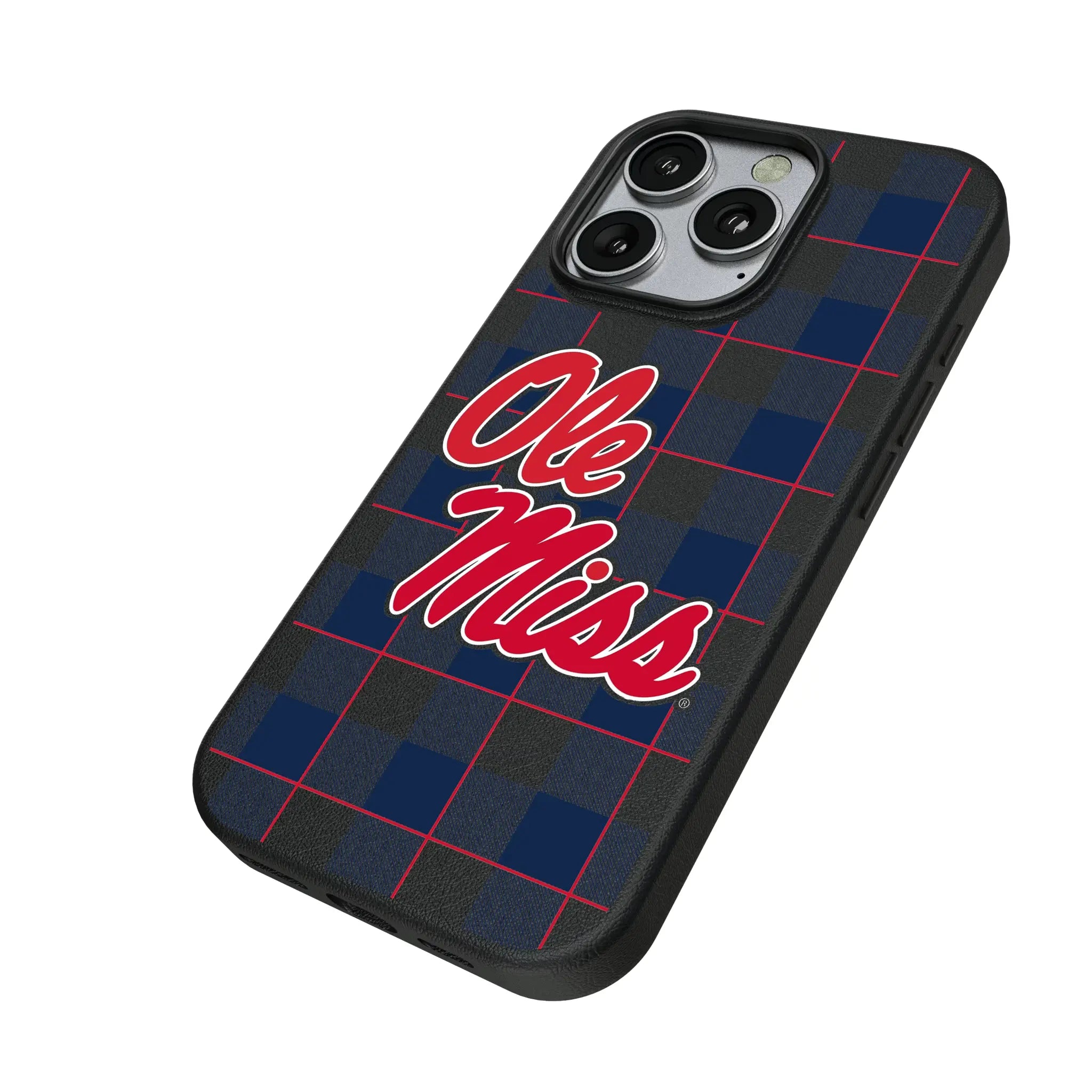 University of Mississippi Rebels Plaid iPhone MagSafe Compatible Phone Case for Apple iPhone - Isometric View