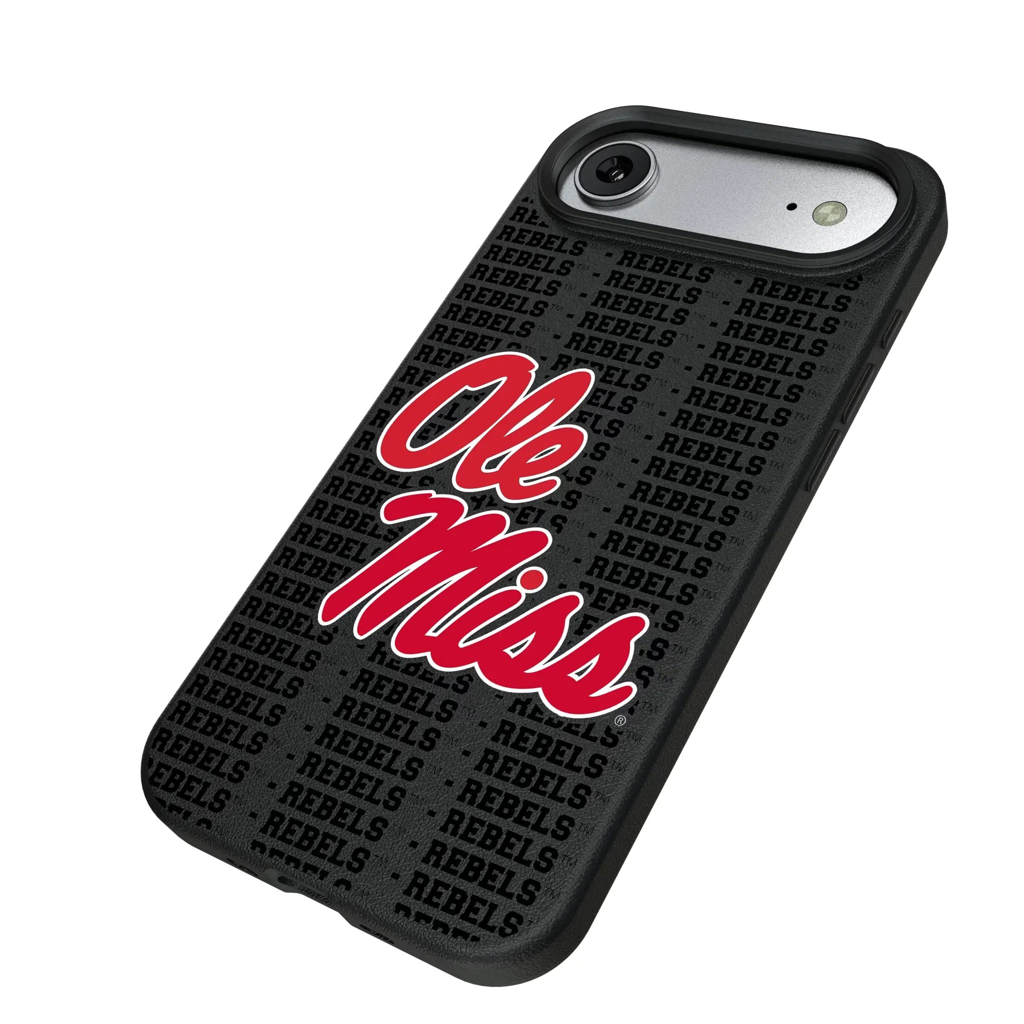 University of Mississippi Rebels Text Backdrop iPhone MagSafe Compatible Phone Case for Apple iPhone - Isometric View#Device_iPhone Air