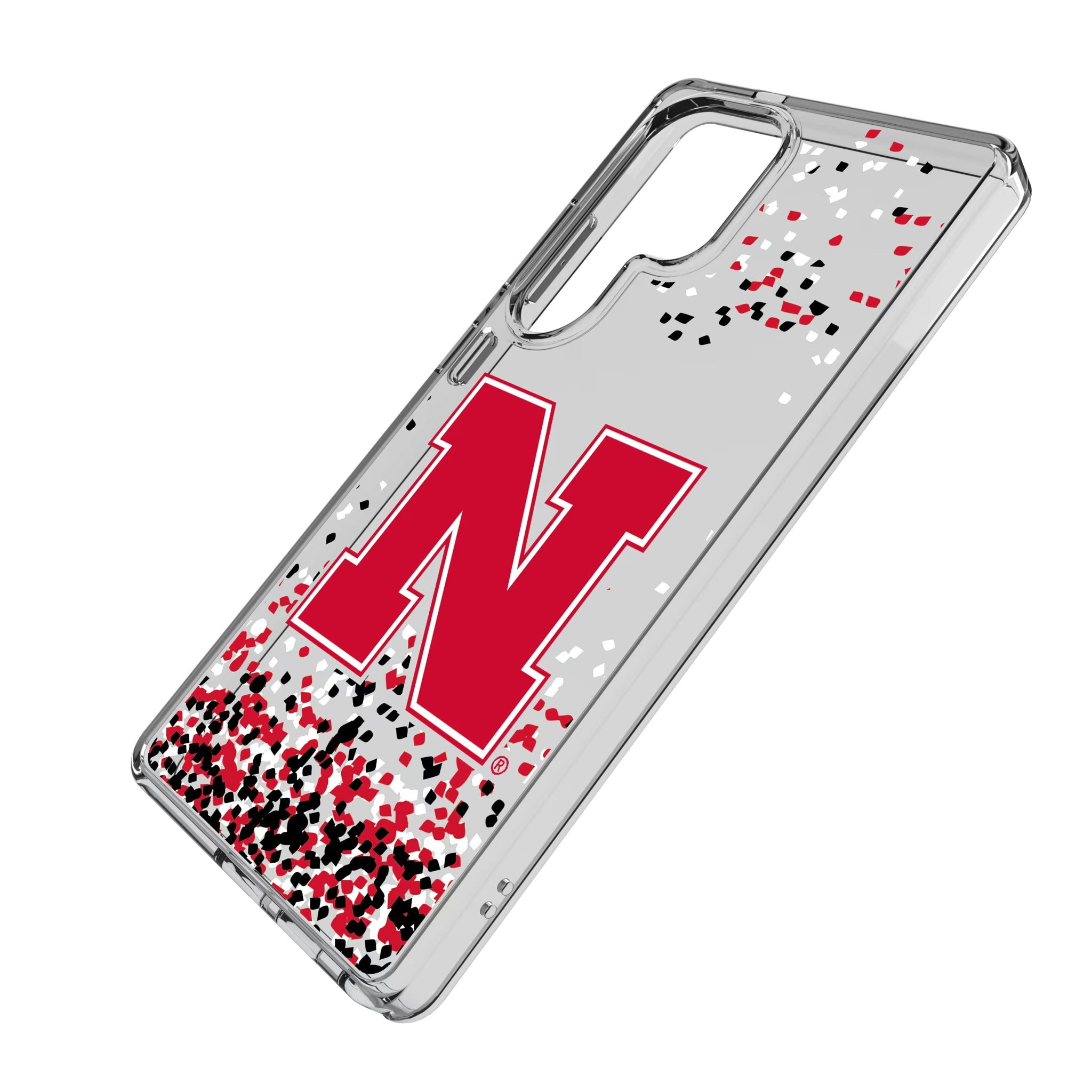 University of Nebraska Huskers Block N Confetti Galaxy Clear Phone Case for Samsung Galaxy - Isometric View