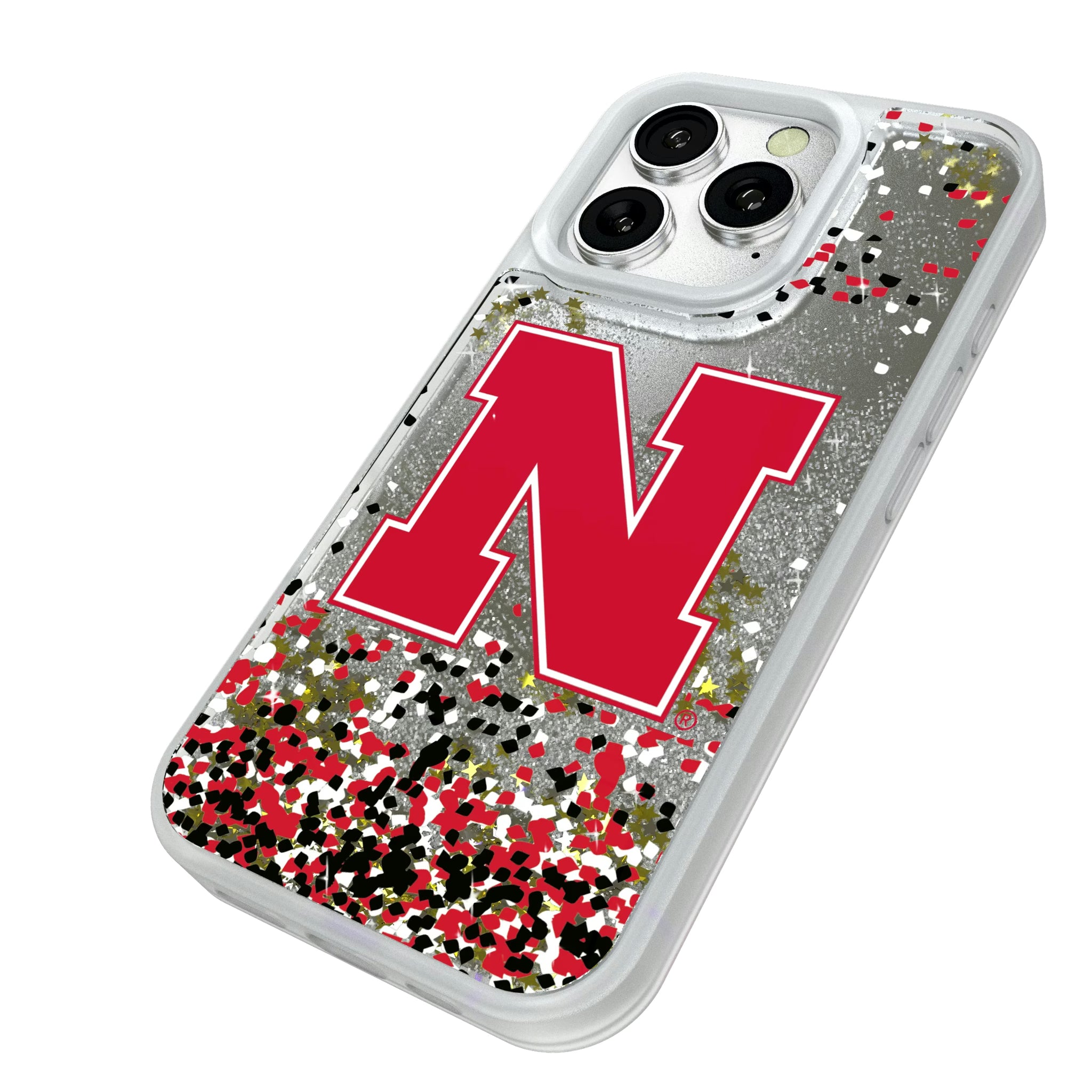 University of Nebraska Huskers Block N Confetti iPhone Glitter Phone Case for Apple iPhone - Isometric View#Device_iPhone 16 Pro
