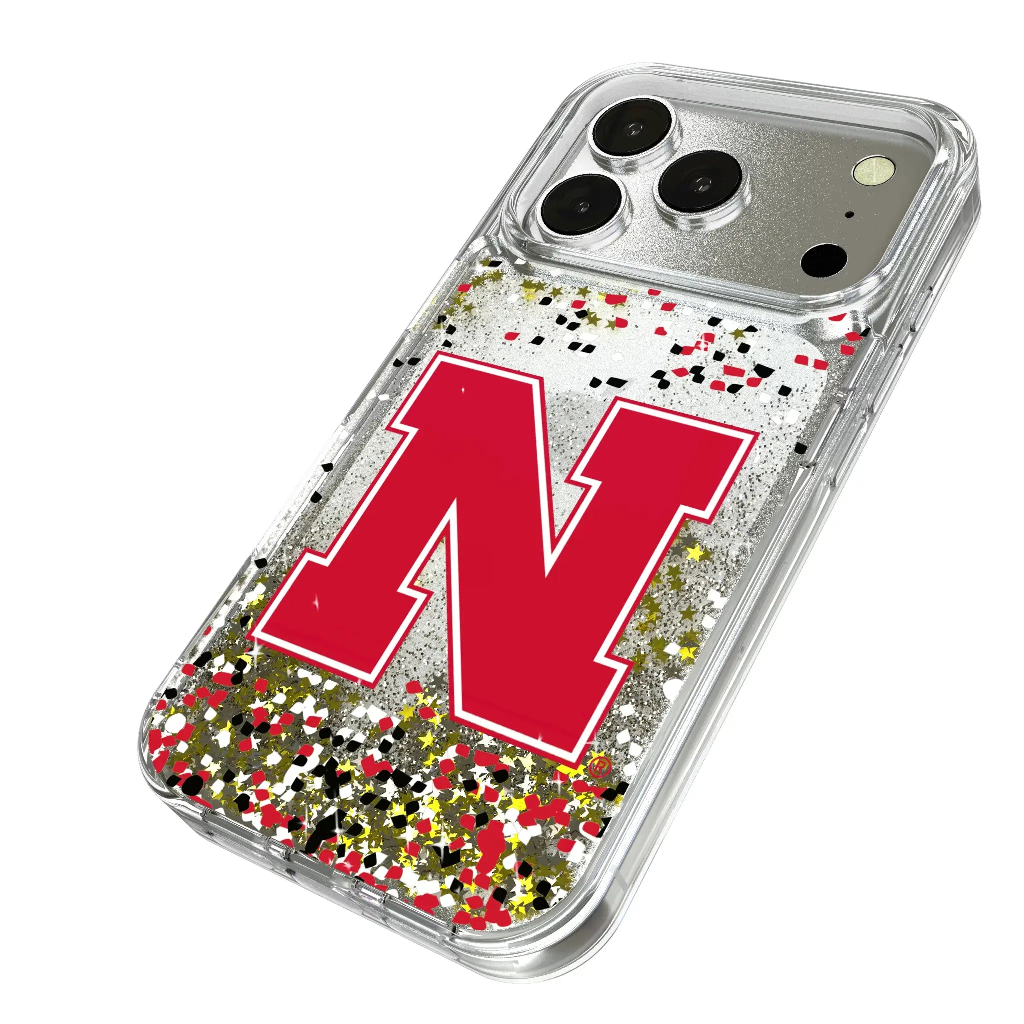 University of Nebraska Huskers Block N Confetti iPhone Glitter Phone Case for Apple iPhone - Isometric View