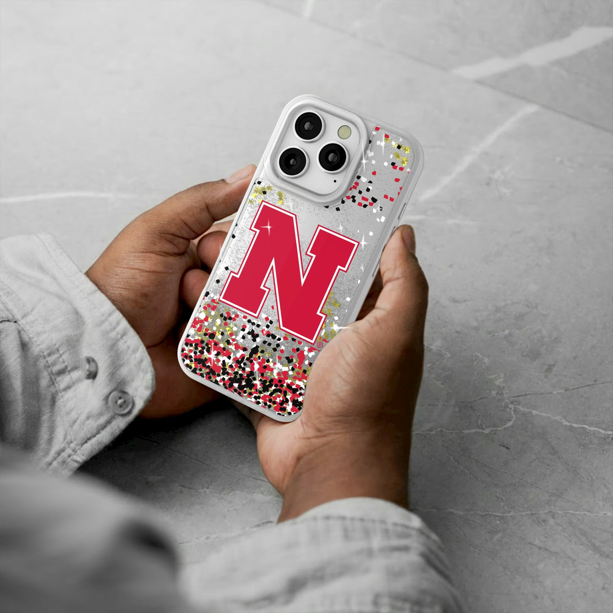 University of Nebraska Huskers Block N Confetti iPhone Glitter Phone Case for Apple iPhone - Lifestyle#Device_iPhone 16 Pro