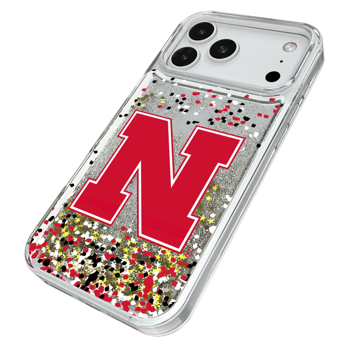 University of Nebraska Huskers Block N Confetti iPhone Glitter Phone Case for Apple iPhone - Isometric View#Device_iPhone 18 Pro Max