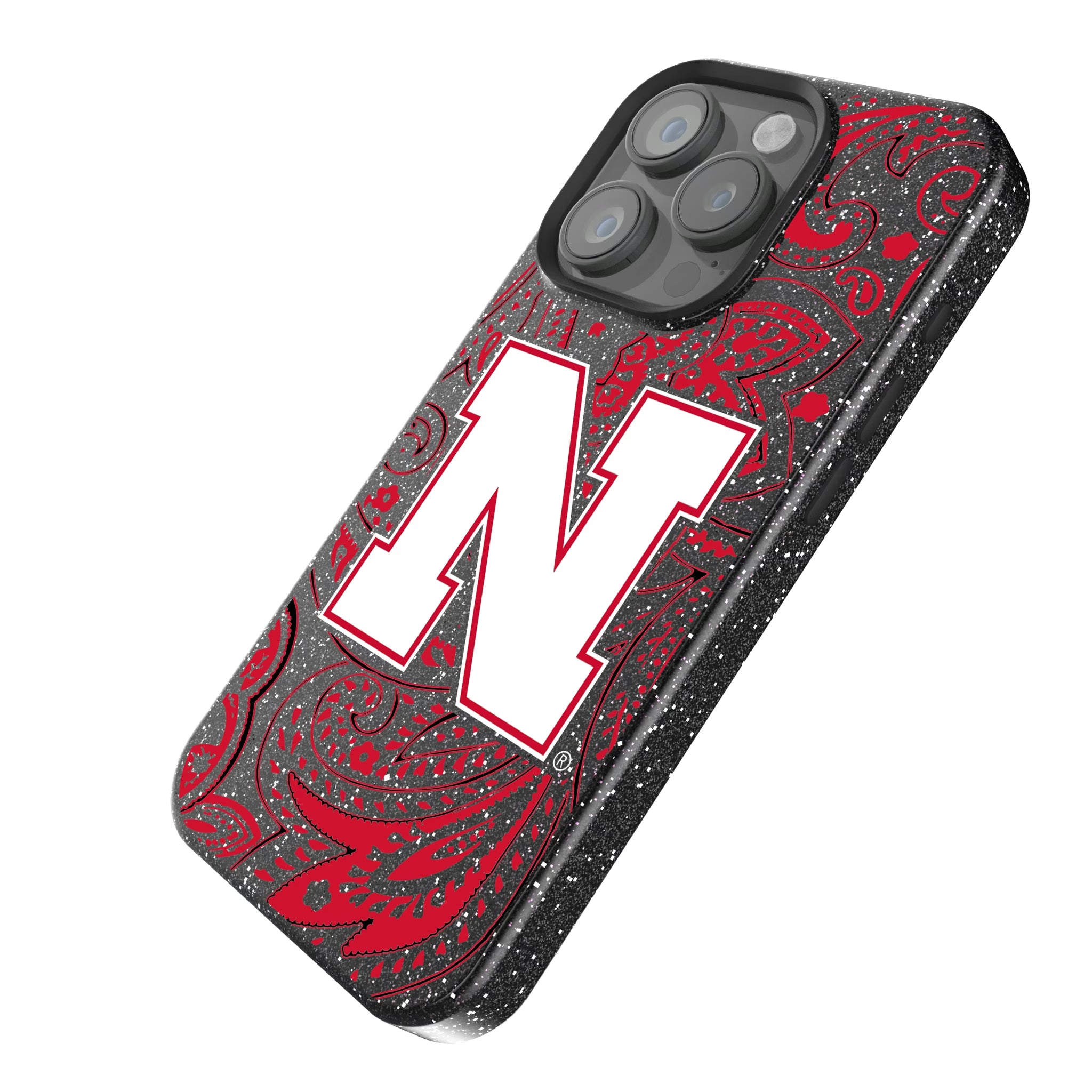 University of Nebraska Huskers Block N Paisley iPhone Bling Phone Case for Apple iPhone - Isometric View