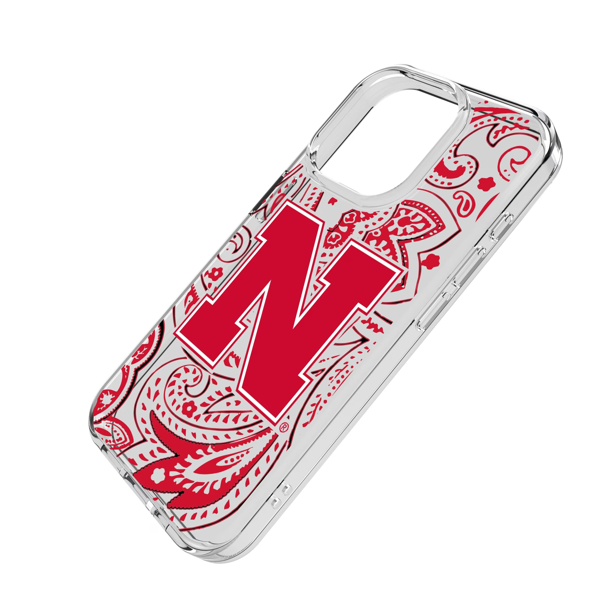 University of Nebraska Huskers Block N Paisley iPhone Clear Phone Case for Apple iPhone - Isometric View