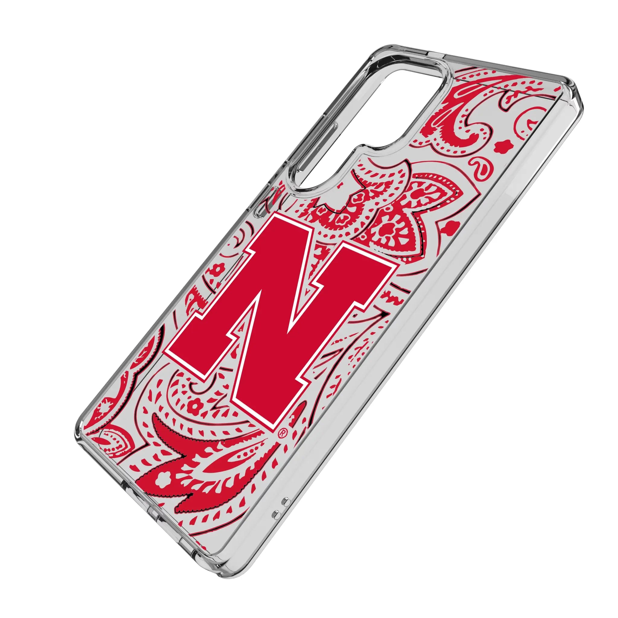University of Nebraska Huskers Block N Paisley Galaxy Clear Phone Case for Samsung Galaxy - Isometric View#Device_Galaxy S25 Ultra